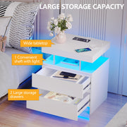 dnbss Nightstand with Charging Station and LED Light, Modern Night Stand with 2 Drawers, Smart Nightstand with USB Ports and Wireless Charger, Bedside Table for Bedroom, White