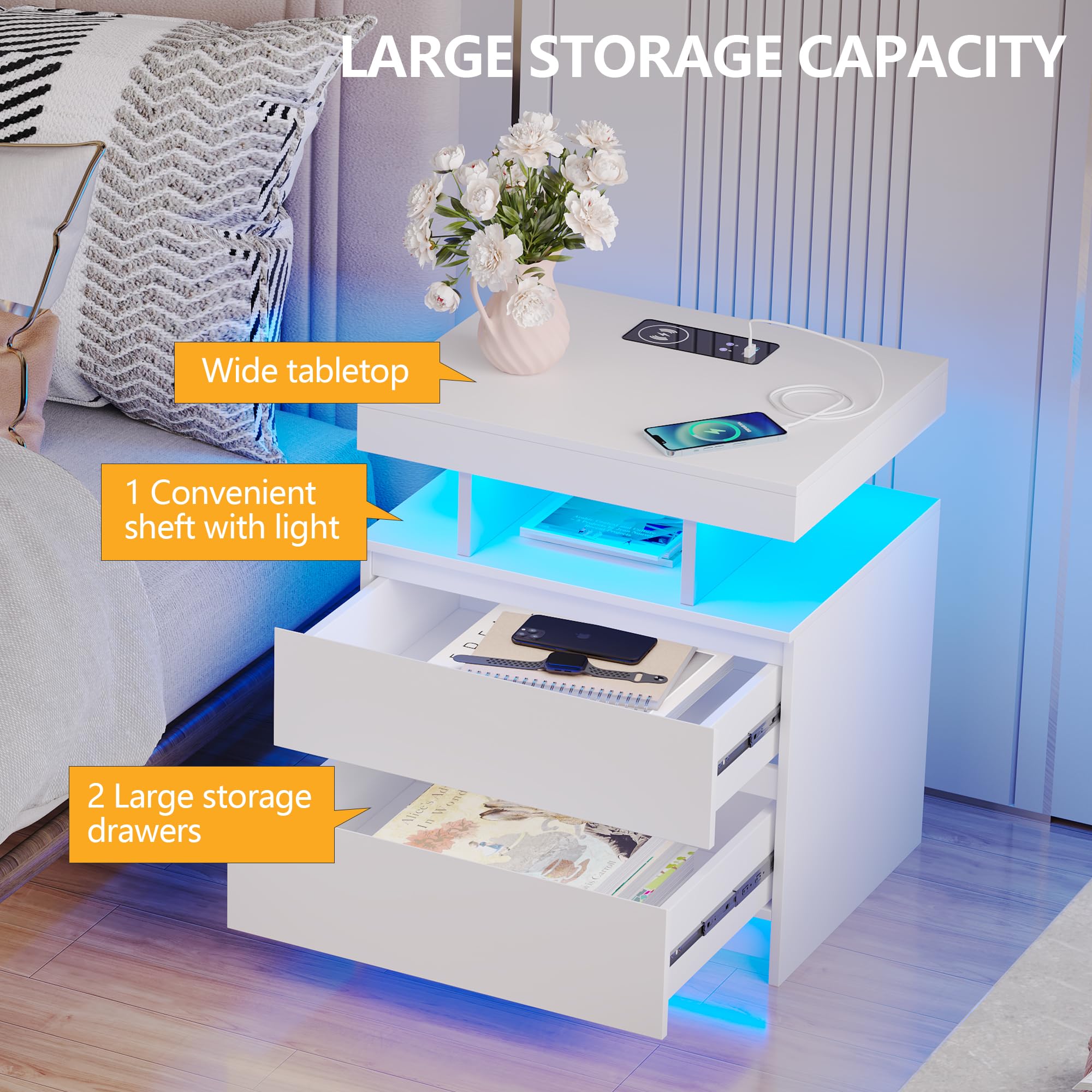 dnbss Nightstand with Charging Station and LED Light, Modern Night Stand with 2 Drawers, Smart Nightstand with USB Ports and Wireless Charger, Bedside Table for Bedroom, White