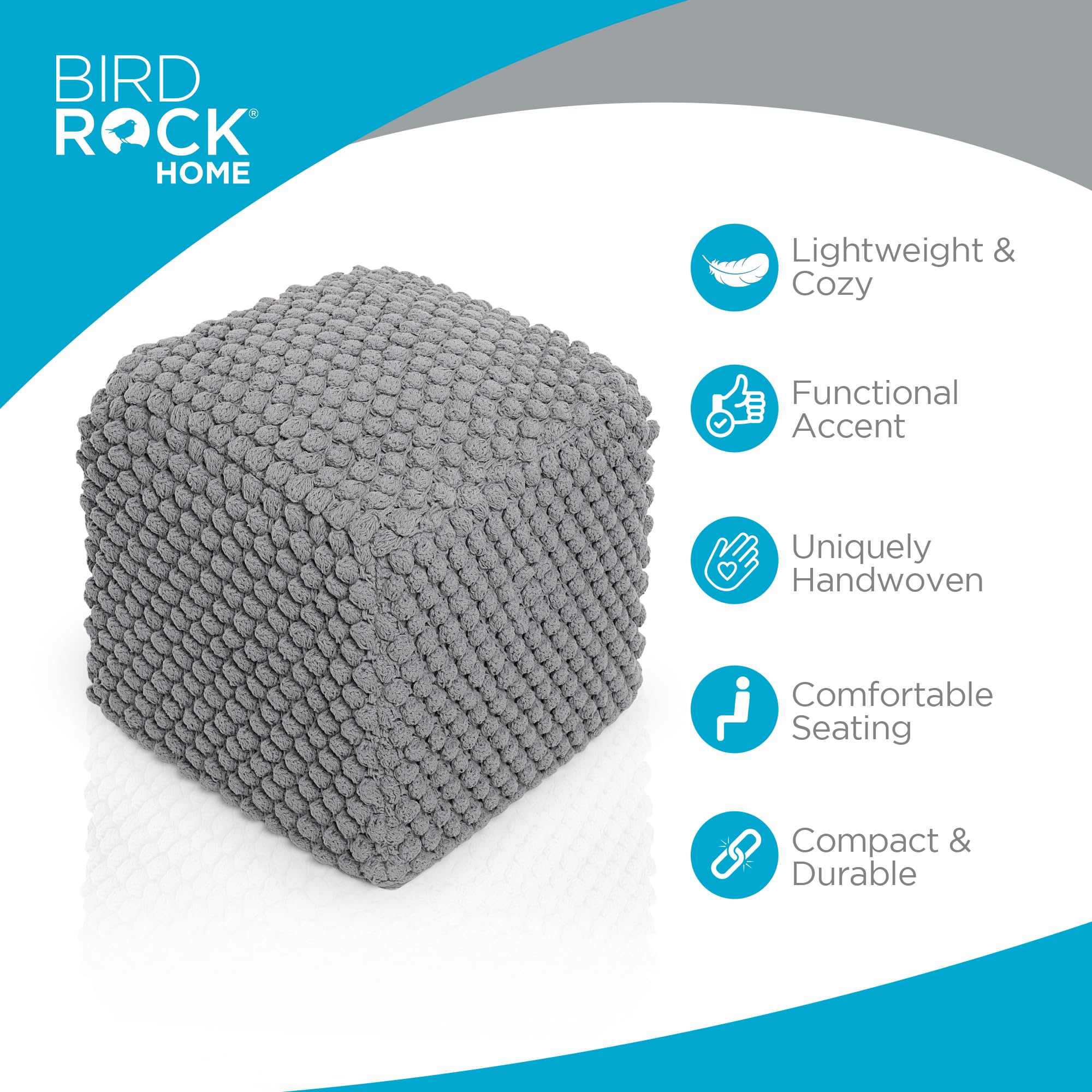 BIRDROCK HOME Square Pouf Ottoman Foot Rest - 18” Compact Comfortable Soft Cotton Knit Bean Bag Floor - Chair Foot Stool Seat for Living Room, Bedroom, Kids Room or Nursery (Grey Bud)