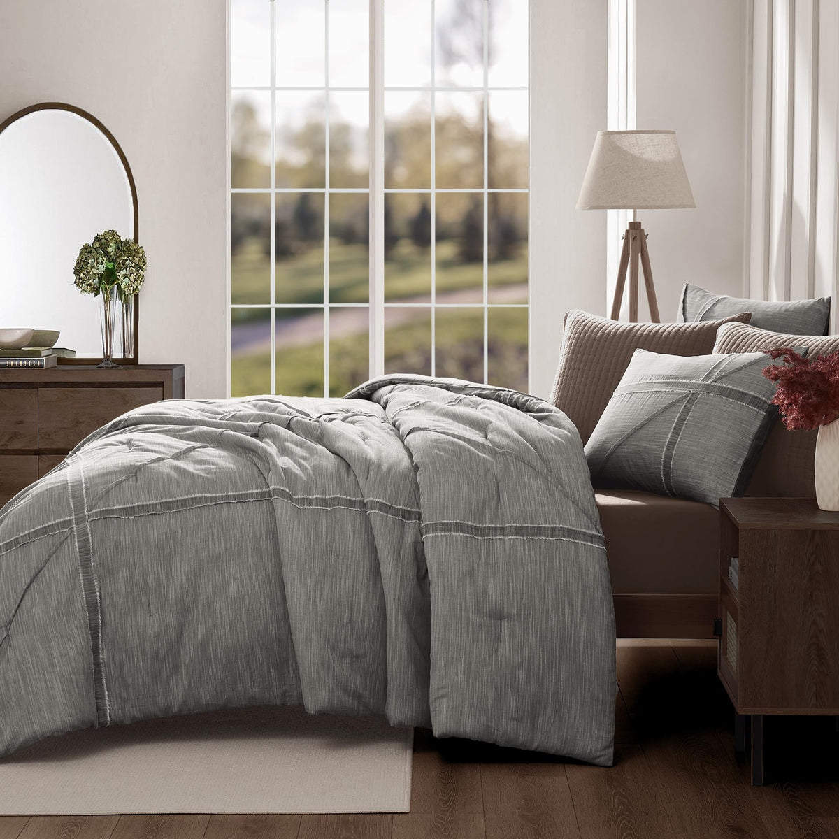 Queen Cotton Comforter Set, Black Grey