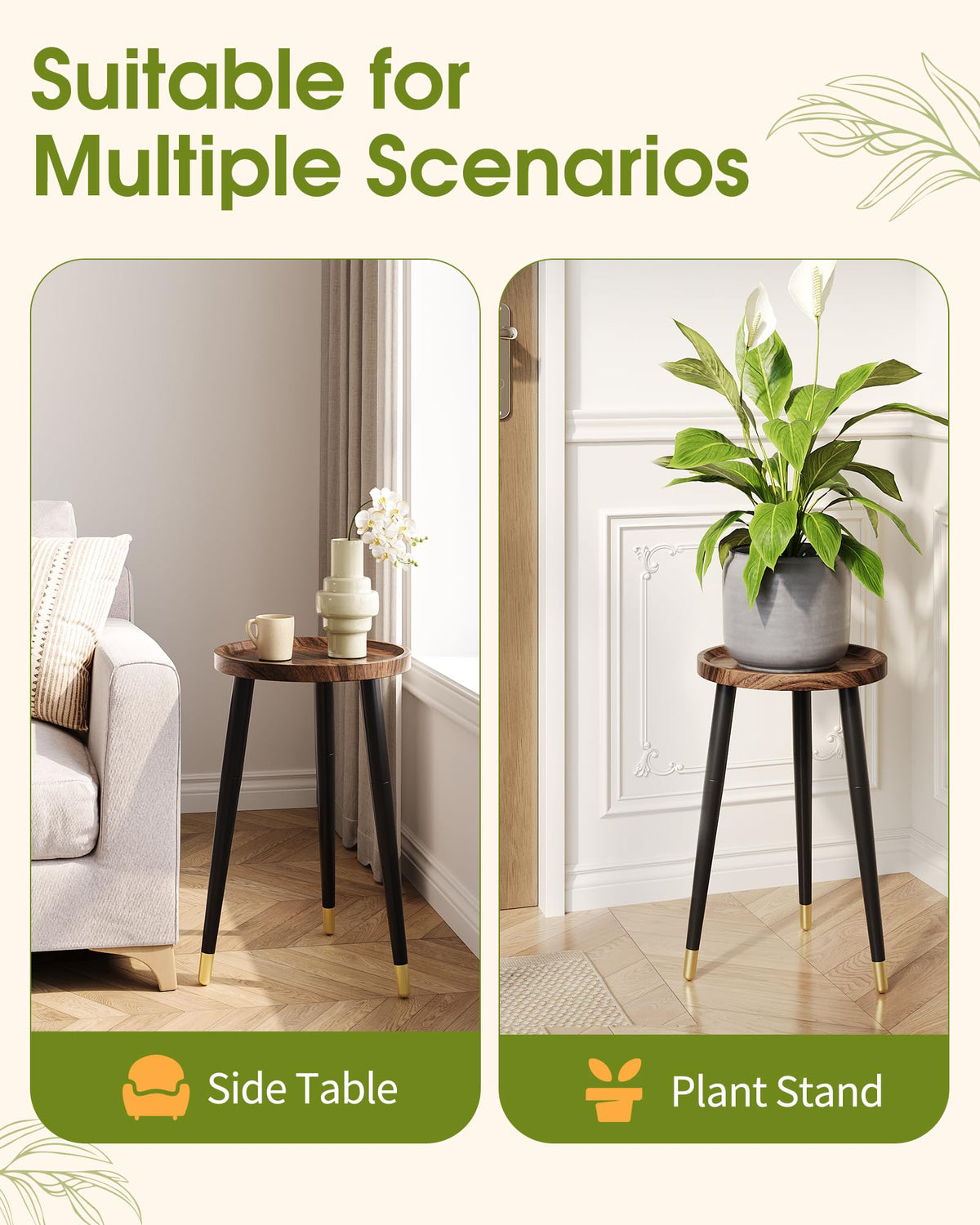 AZADESJET Plant Stand Indoor 2 Pack, Mid Century Wood Indoor Plant Stands, Tall Plant Holder for Flower Pot, Modern Plant Table Round Side End Table With Raised Design, Walnut, 11.7"x18.8" & 11.7"x13"