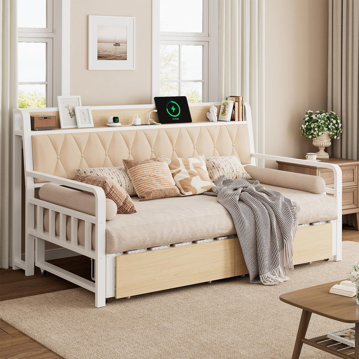 ComfyCorner Twin to King Daybed, Convertible Sofa Bed with Trundle, White