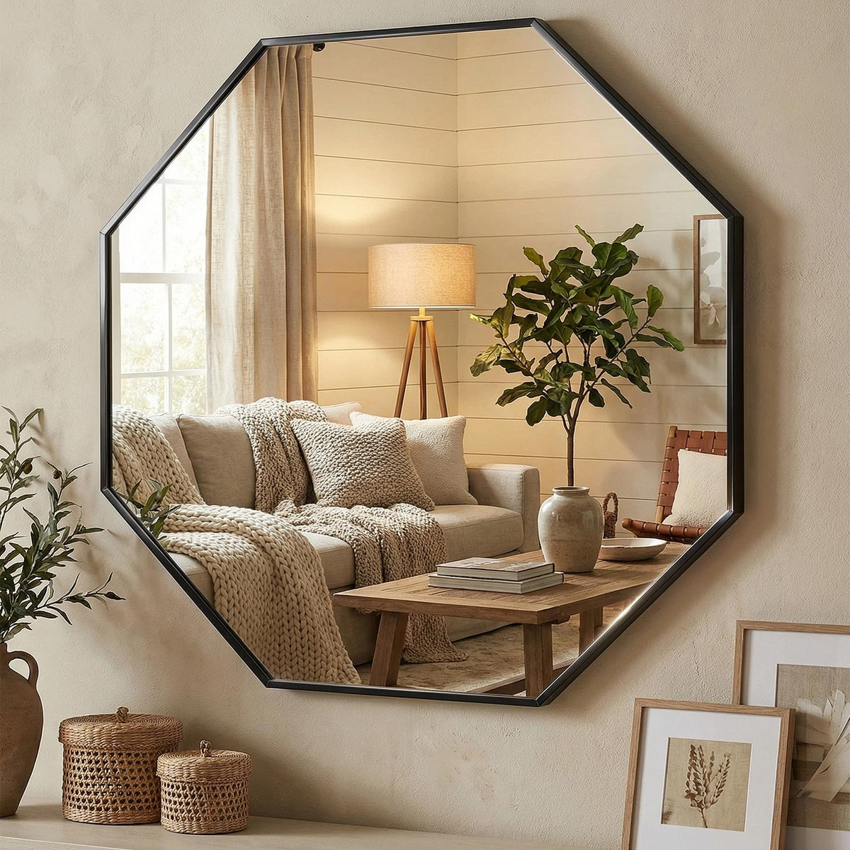 brisafe 31" Octagon Wall Mirror, Peel and Stick Mirror for Wall