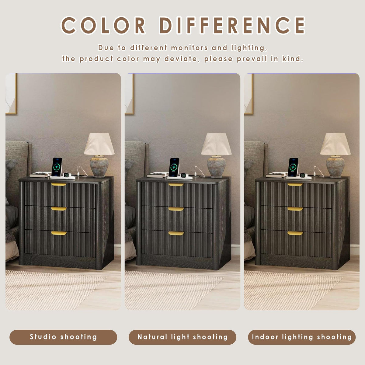 PLRSOZIM 23.6" Black Fluted Nightstand with Charging Station and 3 Drawers