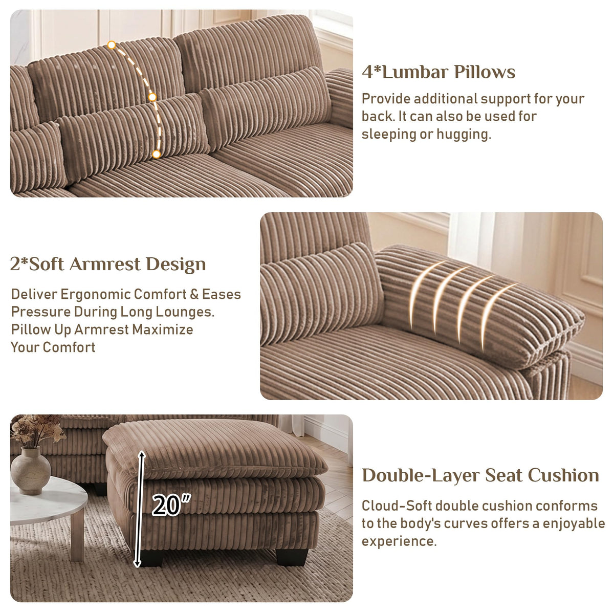 113" U Shaped Sectional Sofa Modular Couch with Ottoman, Corduroy Brown