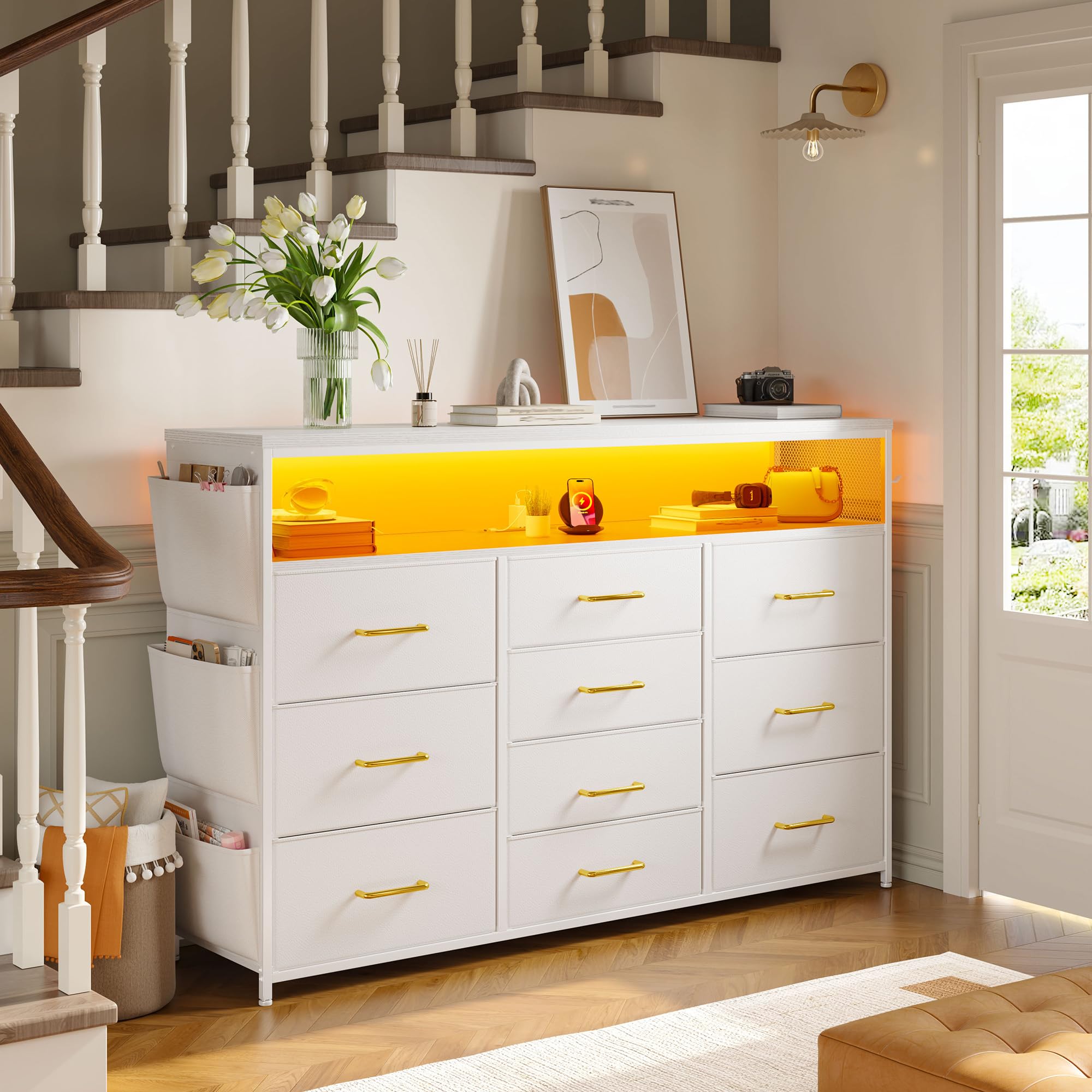 EnHomee 10 Drawer Dresser for Bedroom with Wood Open Shelves, 55" TV Stand for Bedroom with Power Outlets and LED Lights, Fabric Dressers & Chest of Drawers with Side Pocket, White