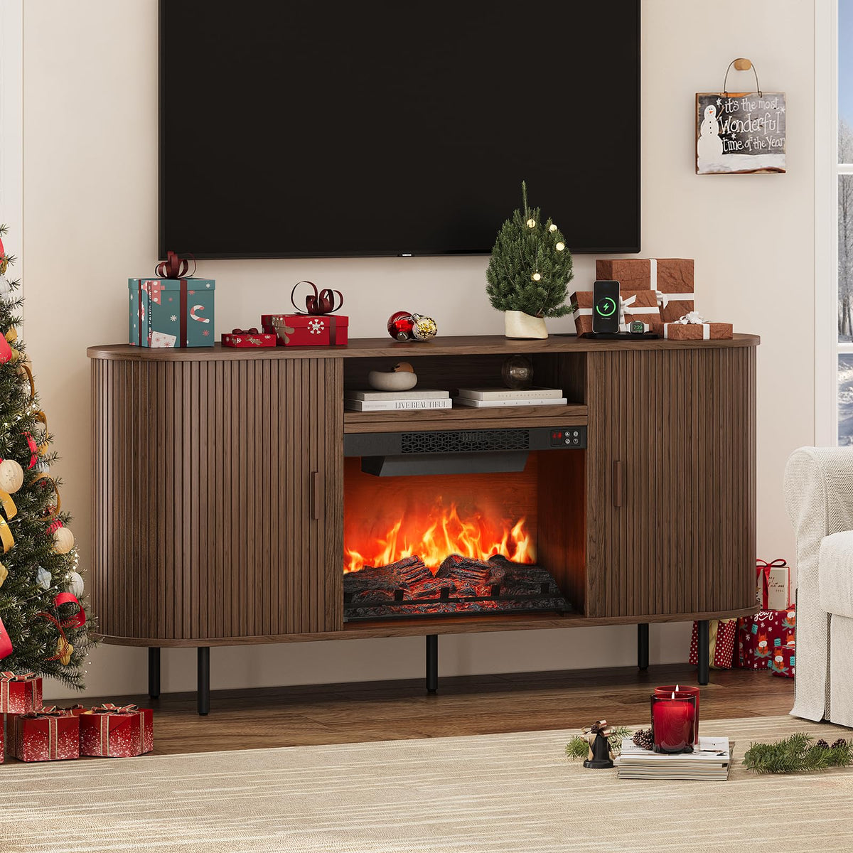 ONBRILL 63" Fluted Fireplace TV Stand with 23" Electric Fireplace, Walnut