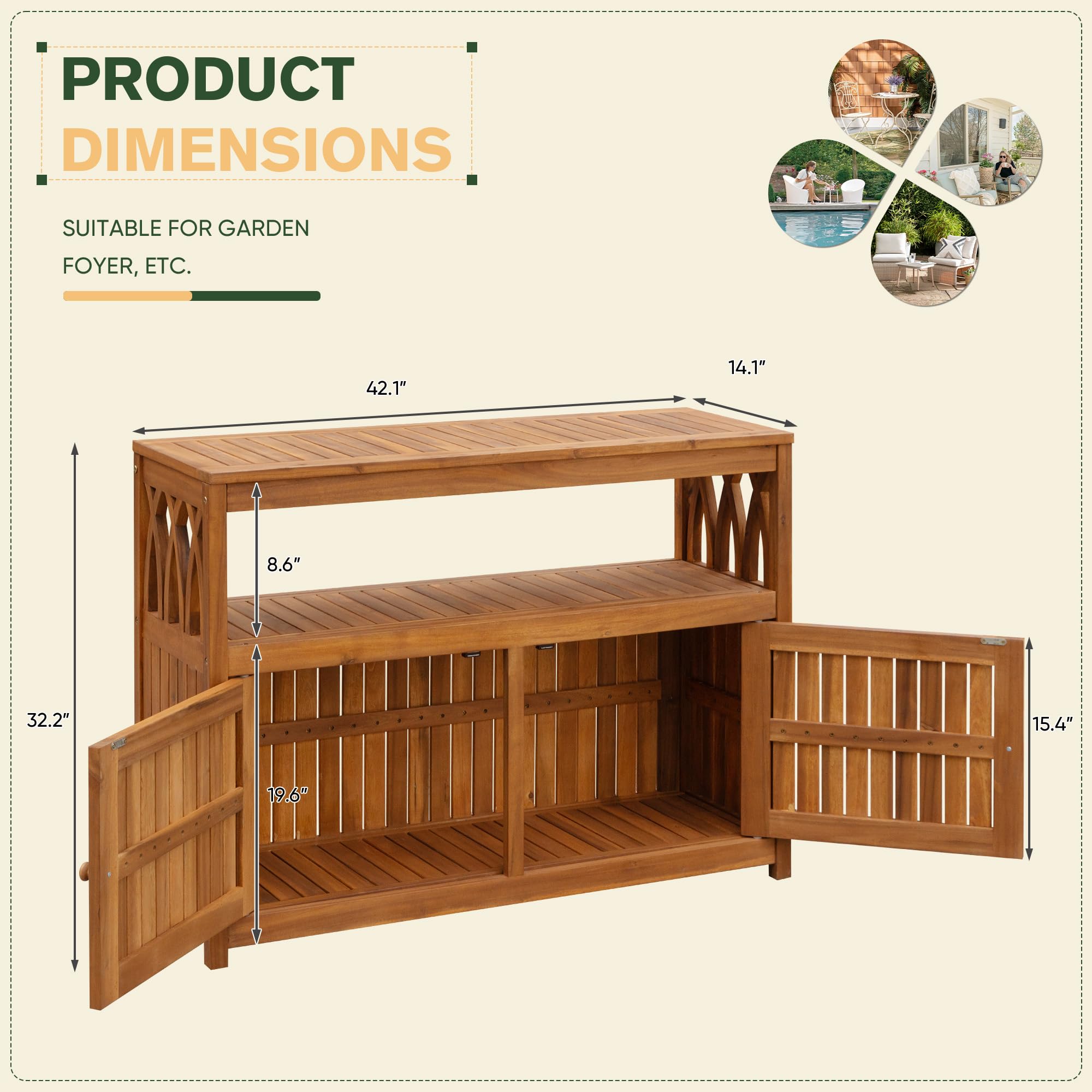 2-Tier Acacia Wood Outdoor Storage Cabinet with Magnetic Doors