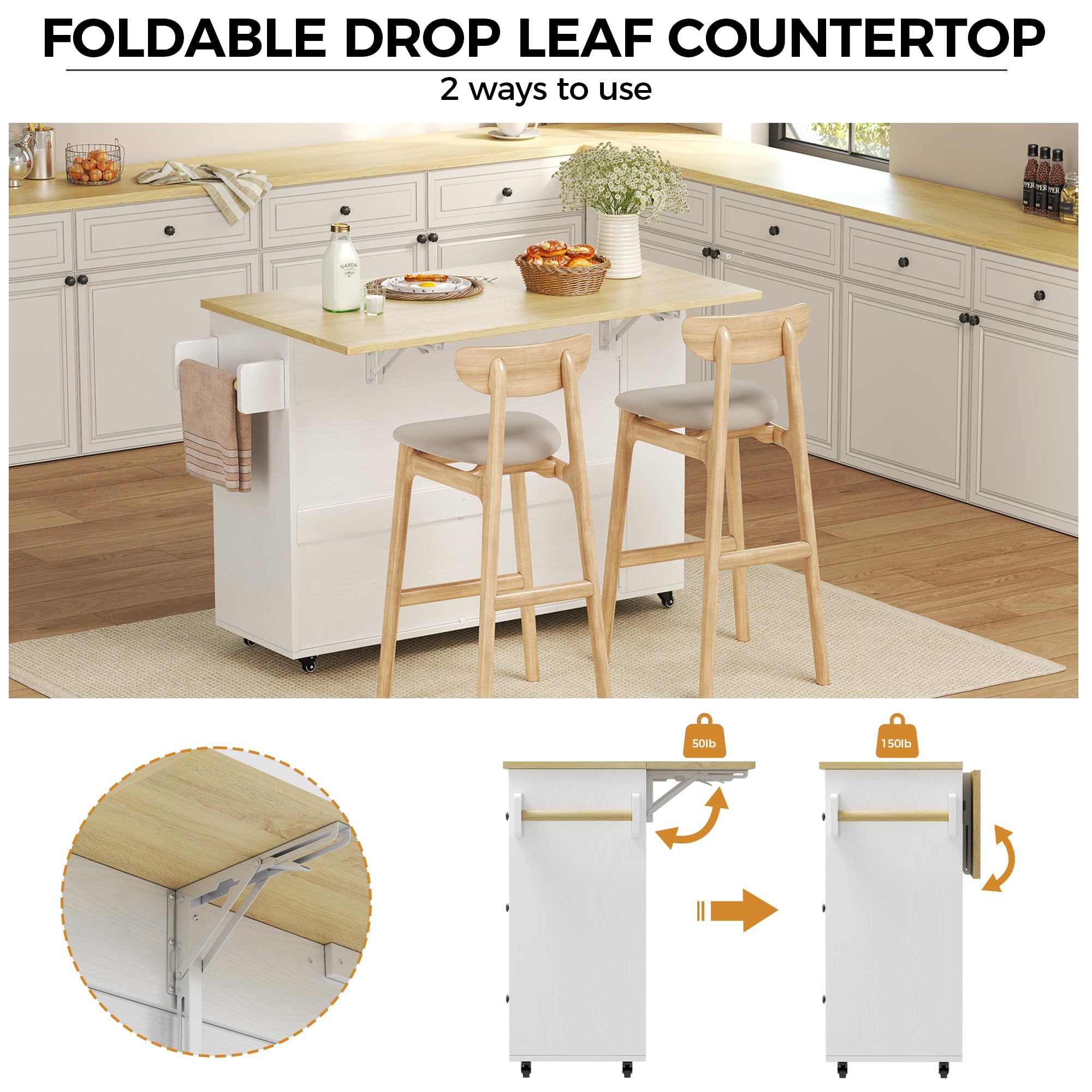 Rolling Kitchen Island with Drop Leaf & Storage