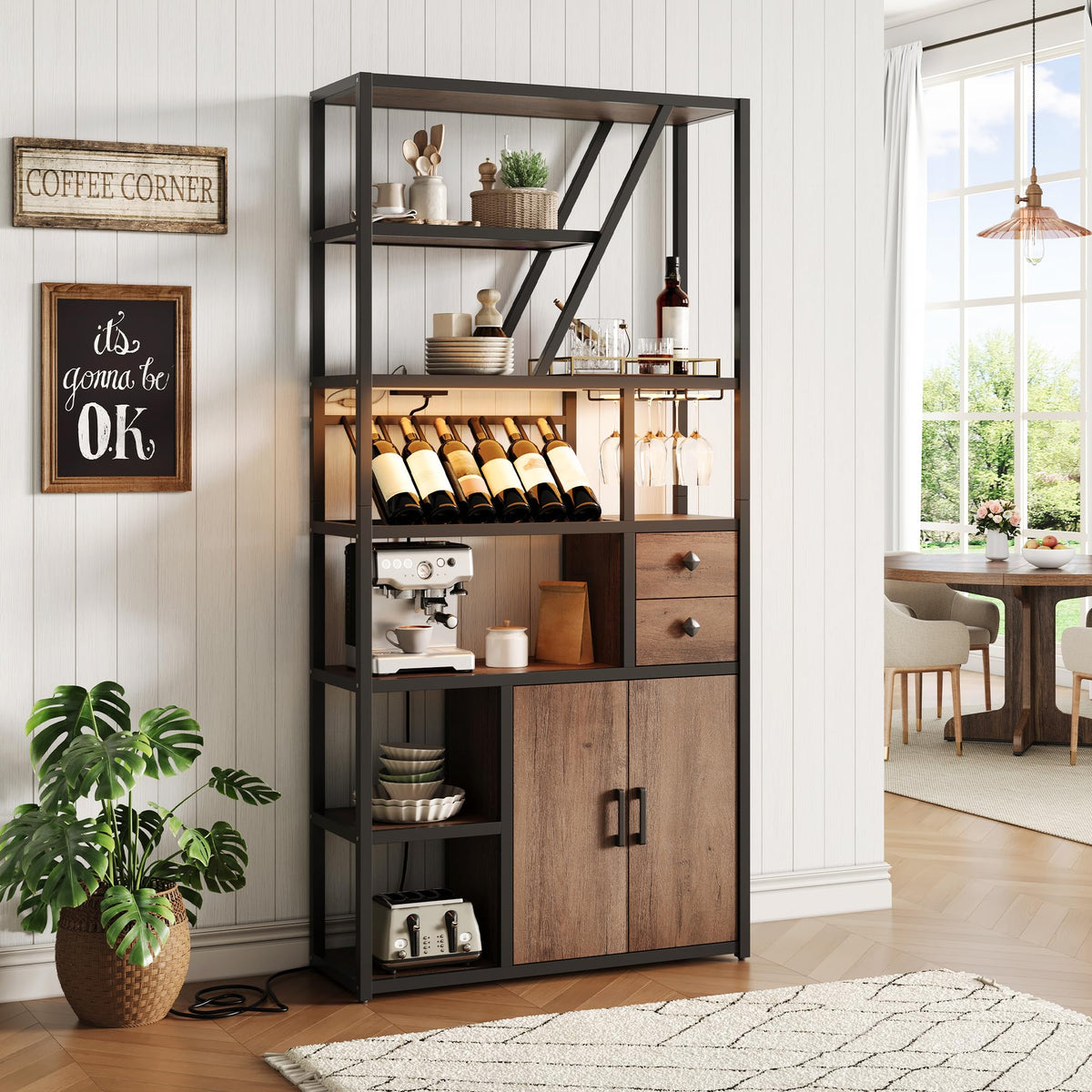 IDEALHOUSE Bar Cabinet with Wine Rack, Liquor Stand with Glass Holder & LED Lights, Coffee Sideboard Cabinet for Living Room, Home Bar