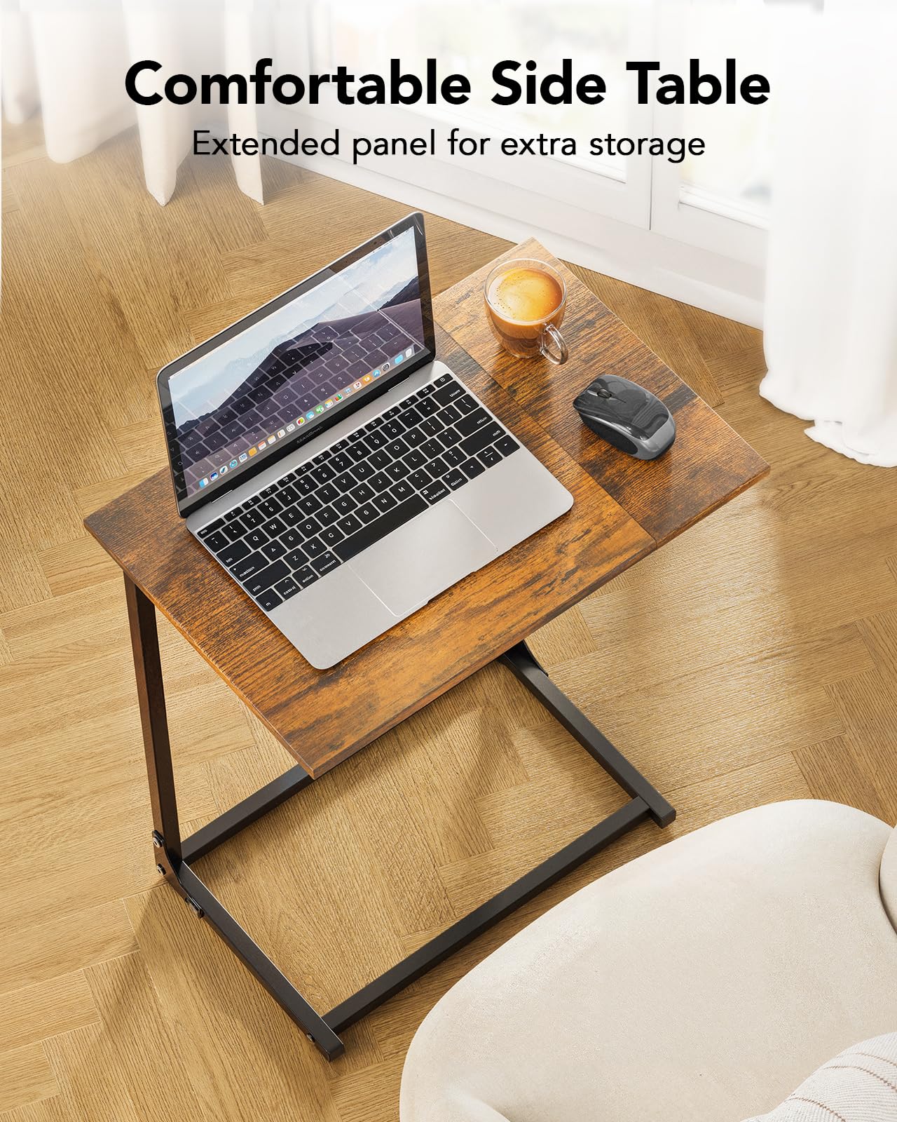 Pipishell C-Shaped Side Table, C Table for Sofa with Two-Piece Desktop & Metal Frame, Large Surface End Table for Living Room, Bedroom, Beside, and Home Office, Rustic Design