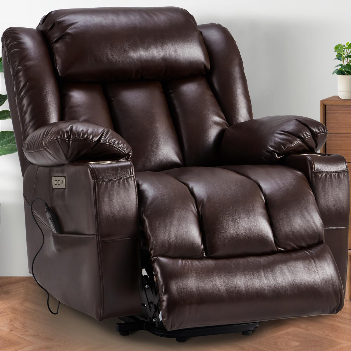 Outspurge Large Power Lift Recliner, PU Leather Chair with Massage & Heat, Cup Holders, USB‑C Ports, Remote Control for Elderly (Brown)