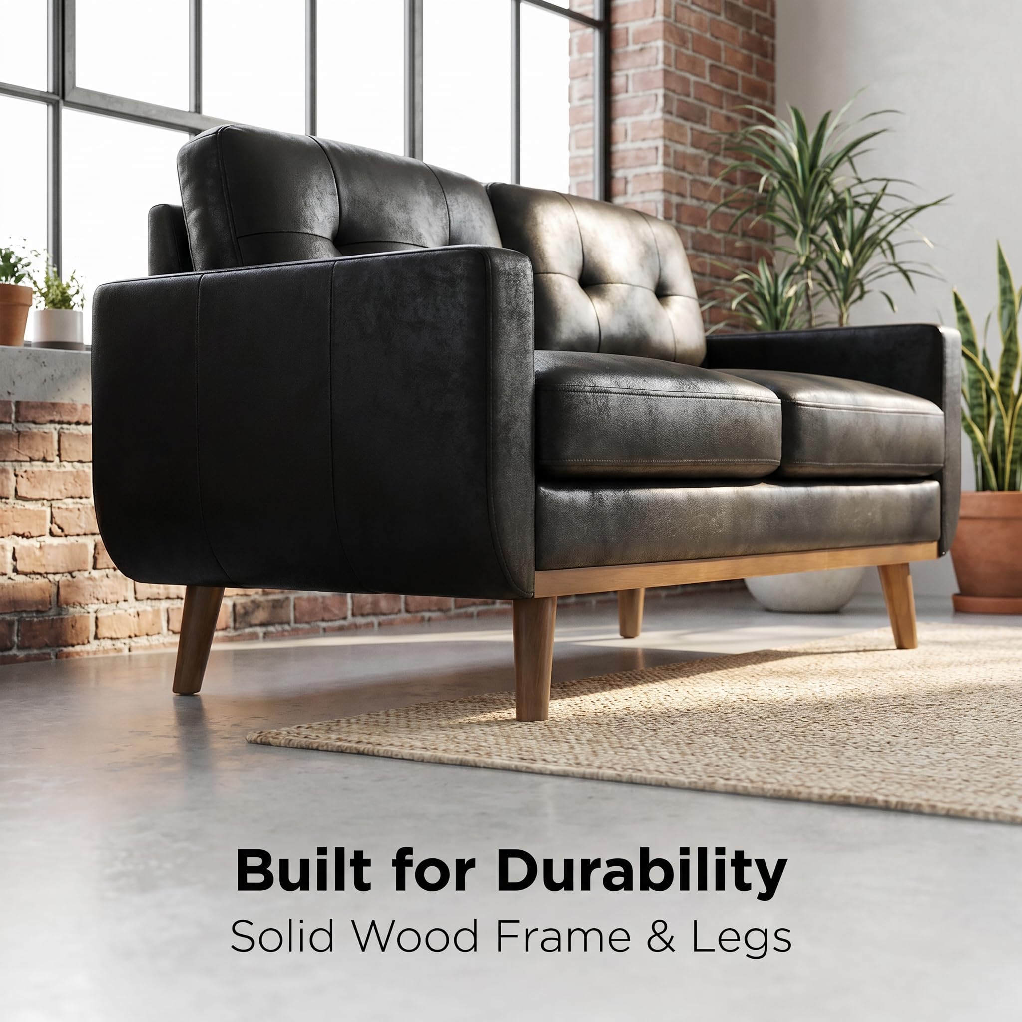 TYBOATLE 65" Loveseat Sofa, Mid Century Modern 2 Seater Couch Love Seat with Tufted Back, Square Arms & Wood Legs, Small Loveseat for Living Room, Bedroom, Apartment, Office (Black)