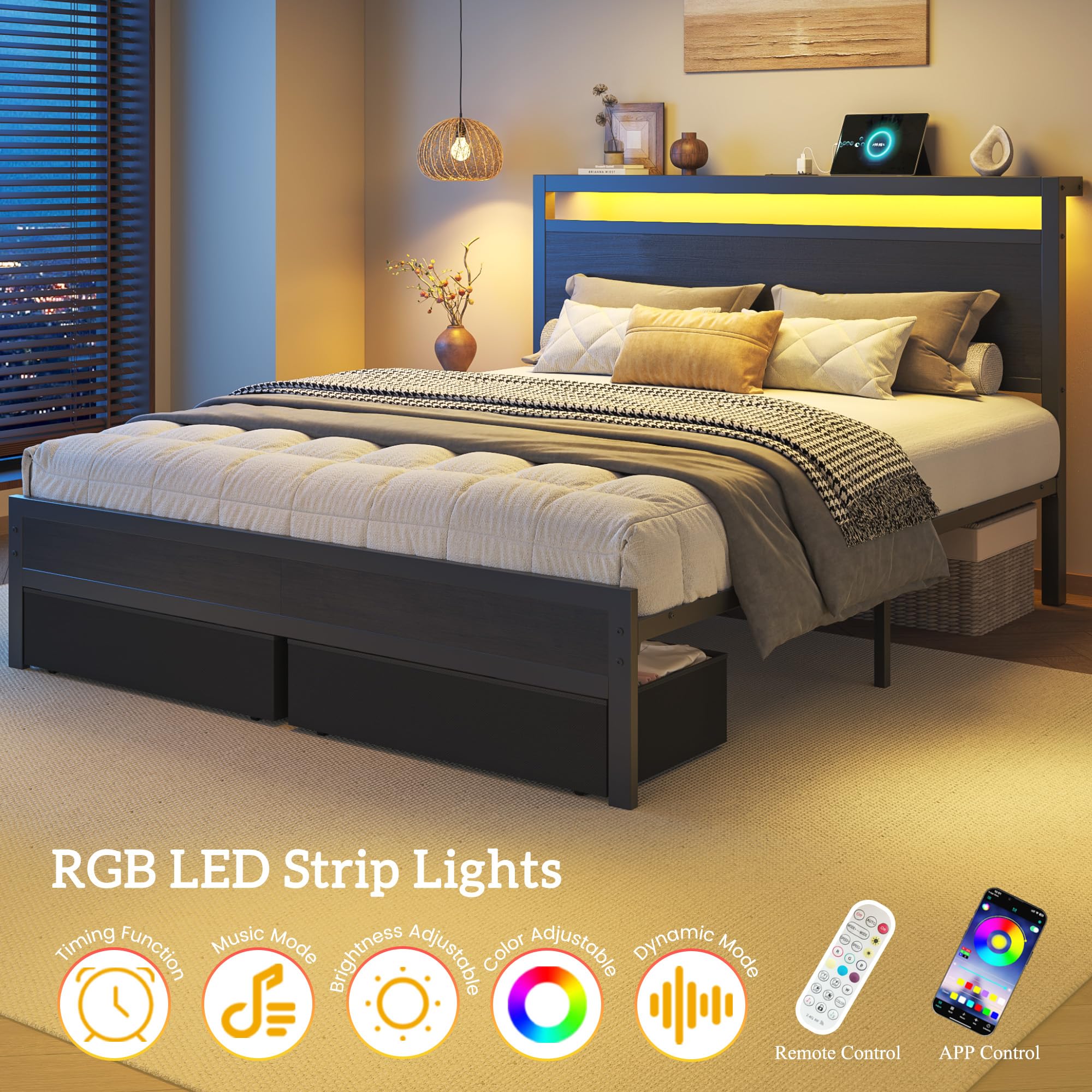 HISOFT Queen Bed Frame with Storage, Wood Headboard with Fast Charging Station, LED Lights, Platform Bed Frame Queen Size, Fabric Drawers with Wheels, No Box Spring Needed, Noise Free, Black