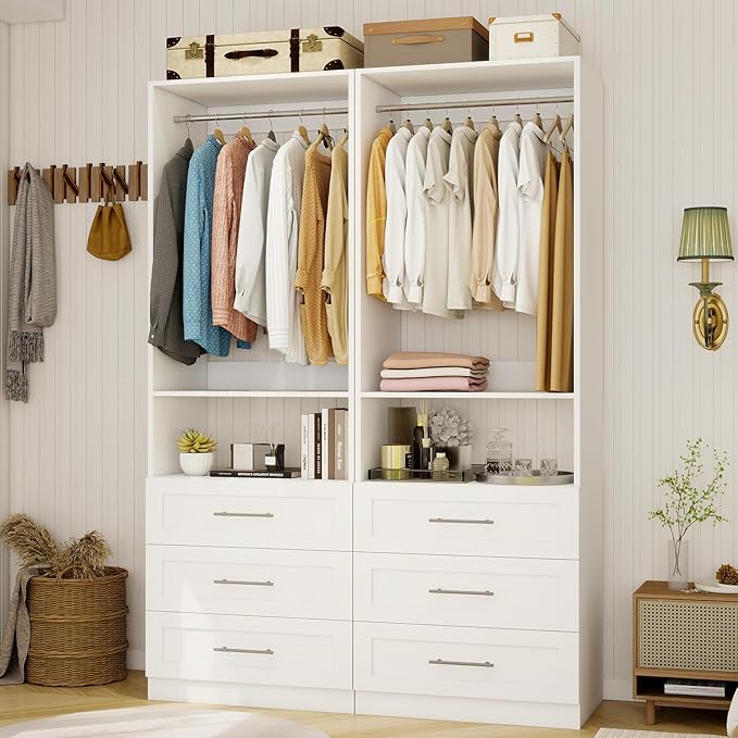 Freestanding Closet System with Wooden Drawers & Hanging Rods