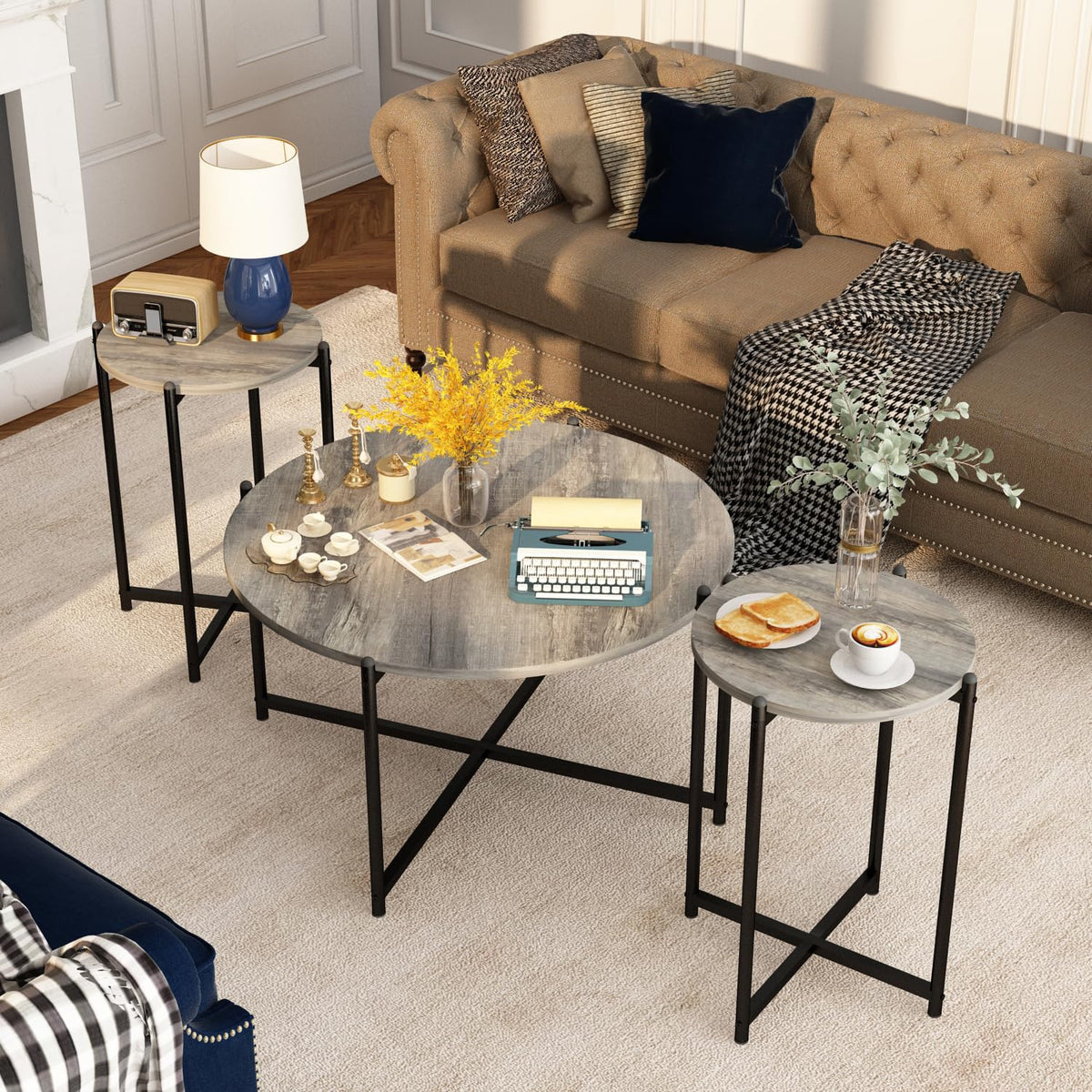 AWQM Faux Marble Coffee Table Set of 3, 1 Coffee Table & 2 Sofa Table, Round Tabletop and Metal Cross Base Frame,Perfect for Living Room Apartment, Grey