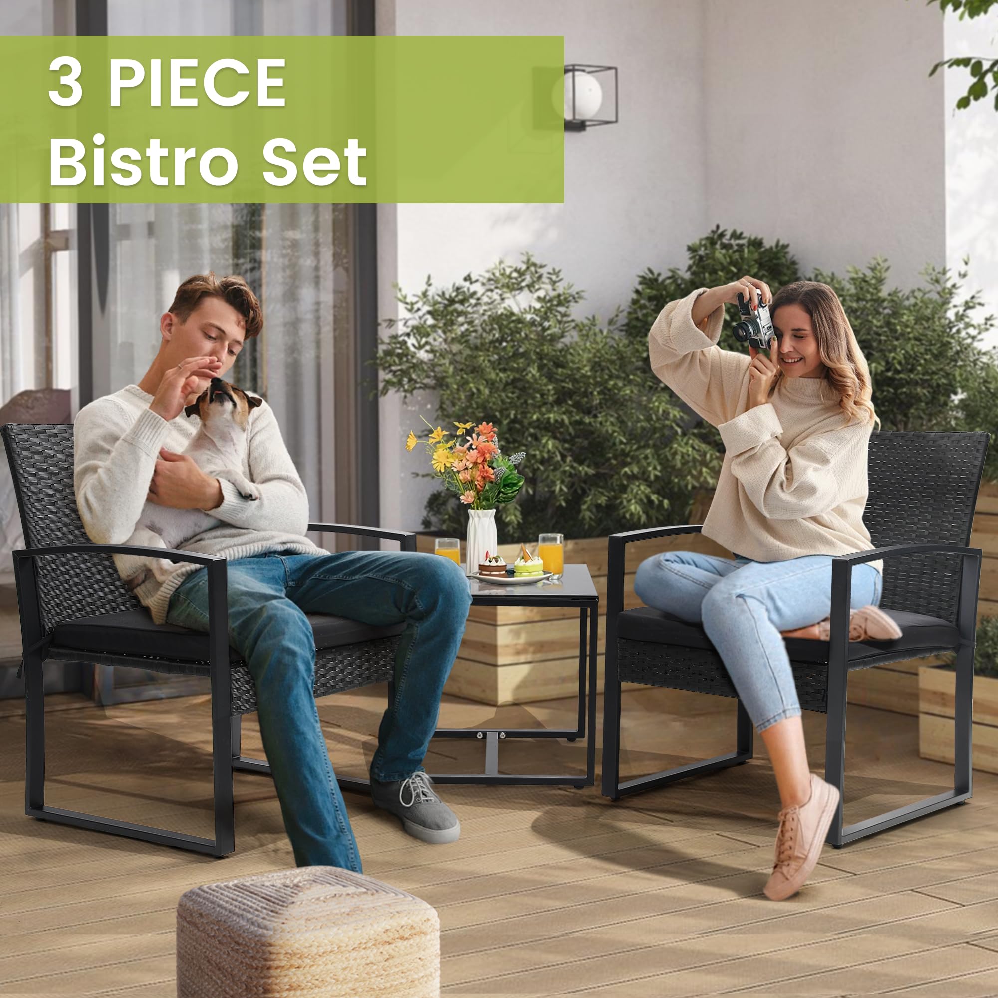 Murago Outdoor 3-Piece Wicker Bistro Set, Rattan Patio Conversation Set with Coffee Table, for Backyard Garden Poolside, Black Frame & Black Cushion