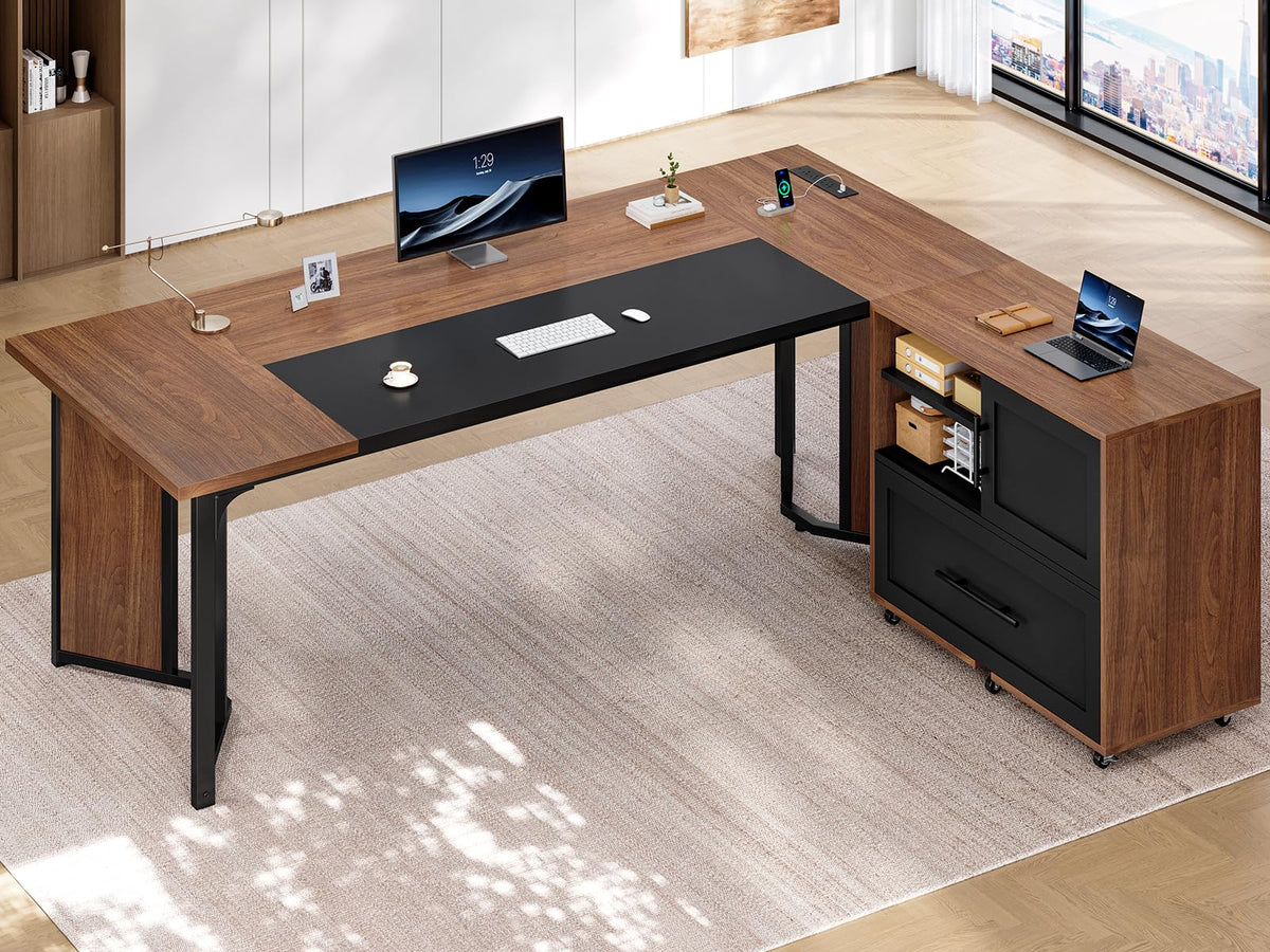 UPOSOJA 63" Executive Desk with Mobile File Cabinet, Large Office Desk with Drawer, Modern L Shaped Desk with Power Outlets, Storage Shelves, Corner Computer Desk Business Workstation Set (Walnut)