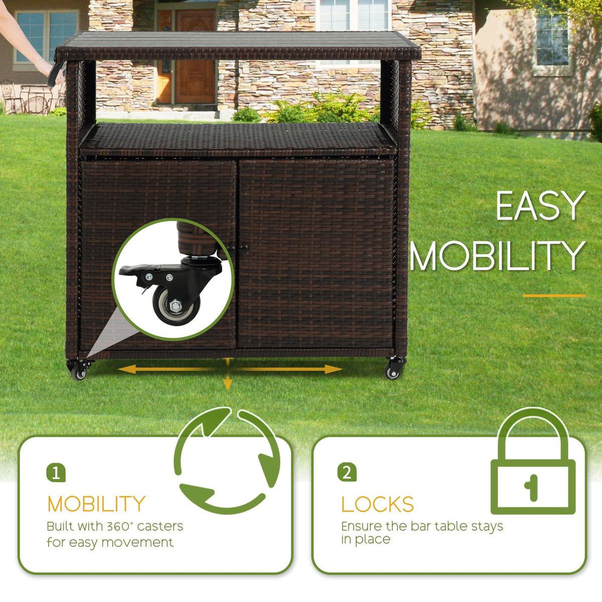 Villeston Wicker Outdoor Bar Cart - Brown Patio Console Table Wagon