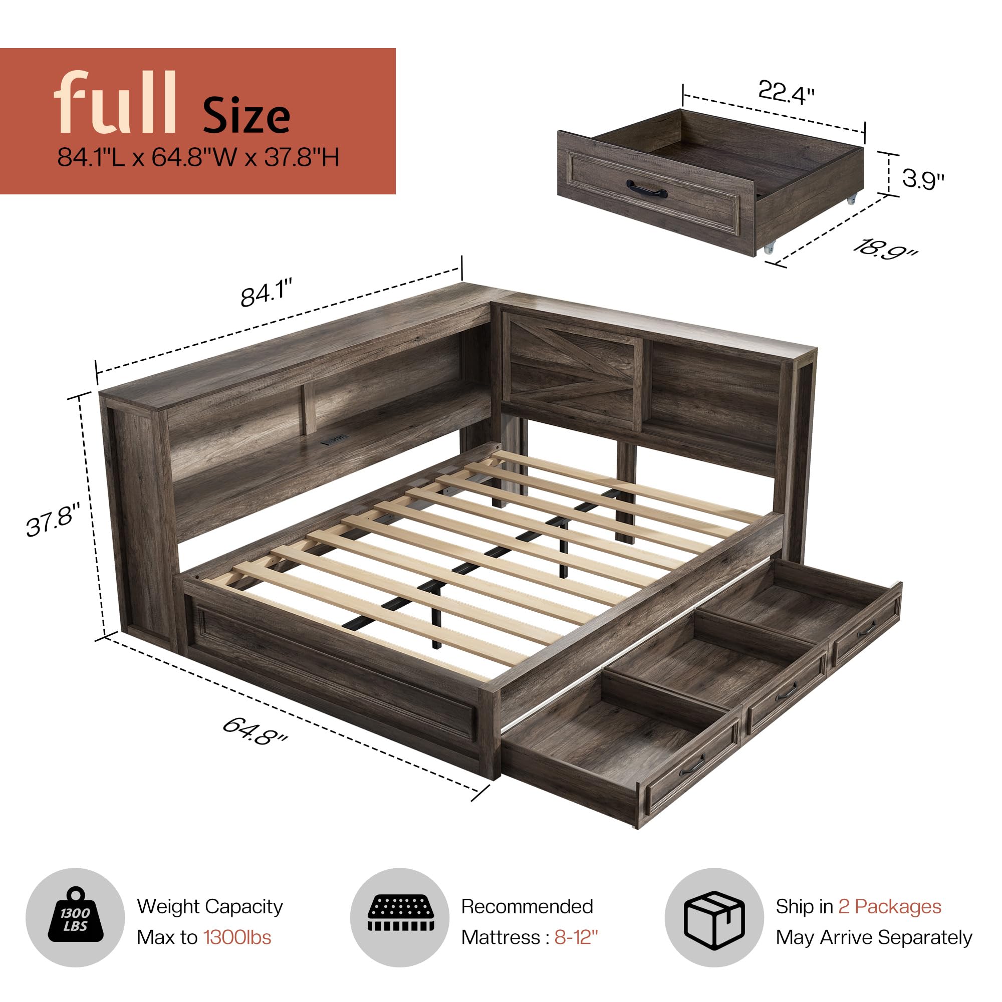 Jocisland Full Corner Bed Frame with Storage Drawers and Bookcase Headboard, Charging Station and Led Lights, Farmhouse Wood Daybed for Kids Teens, No Box Spring Needed, Grey