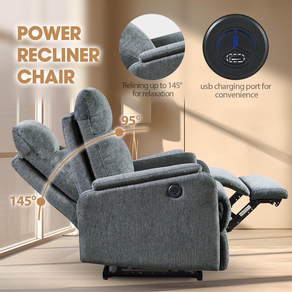 cinkehome Small Electric Power Recliner, Breathable Fabric Reclining Chair, USB Ports, Electric Home Theater Seating, Recliners for Small Spaces, Home Living Room Bedroom, Grey