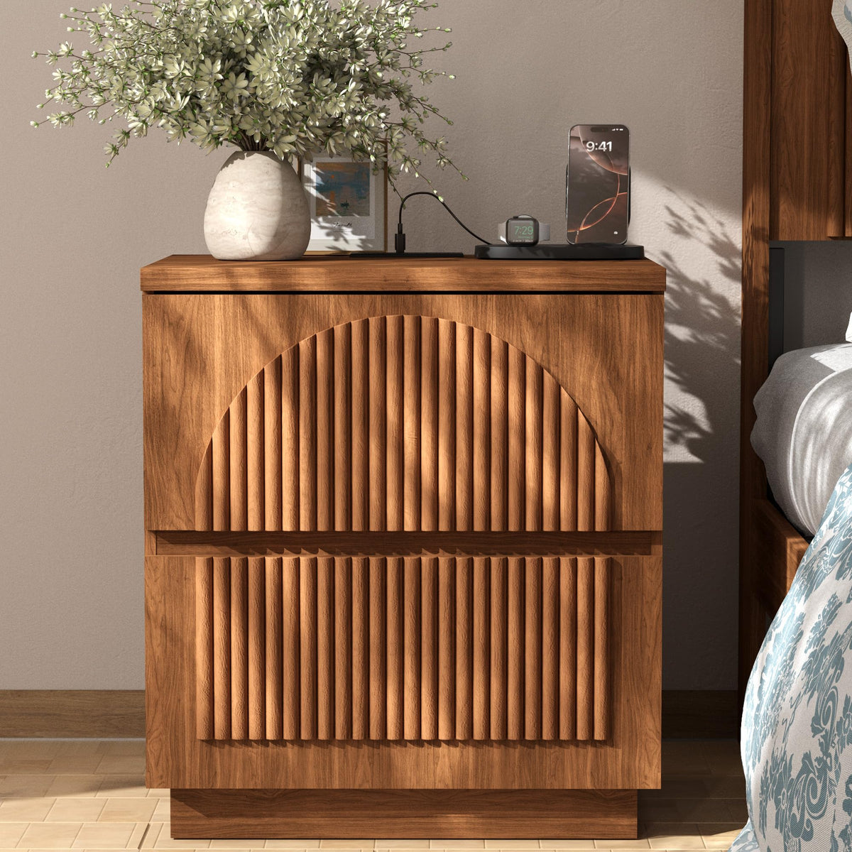 Yechen Fluted Nightstand with Charging Station, 2 Drawers, Walnut