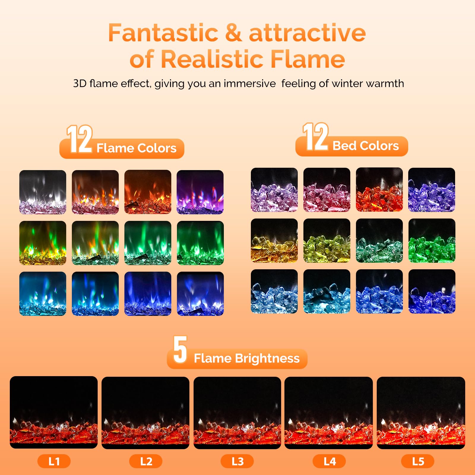 ROVSUN 36'' Electric Fireplace, 2-in-1 Ultra-Thin Wall Mounted & Recessed Fireplace with Remote & APP Control, 1500W Wall Heater w/ 12 Flame Color, 5 Brightness, Timer, Crystal Set