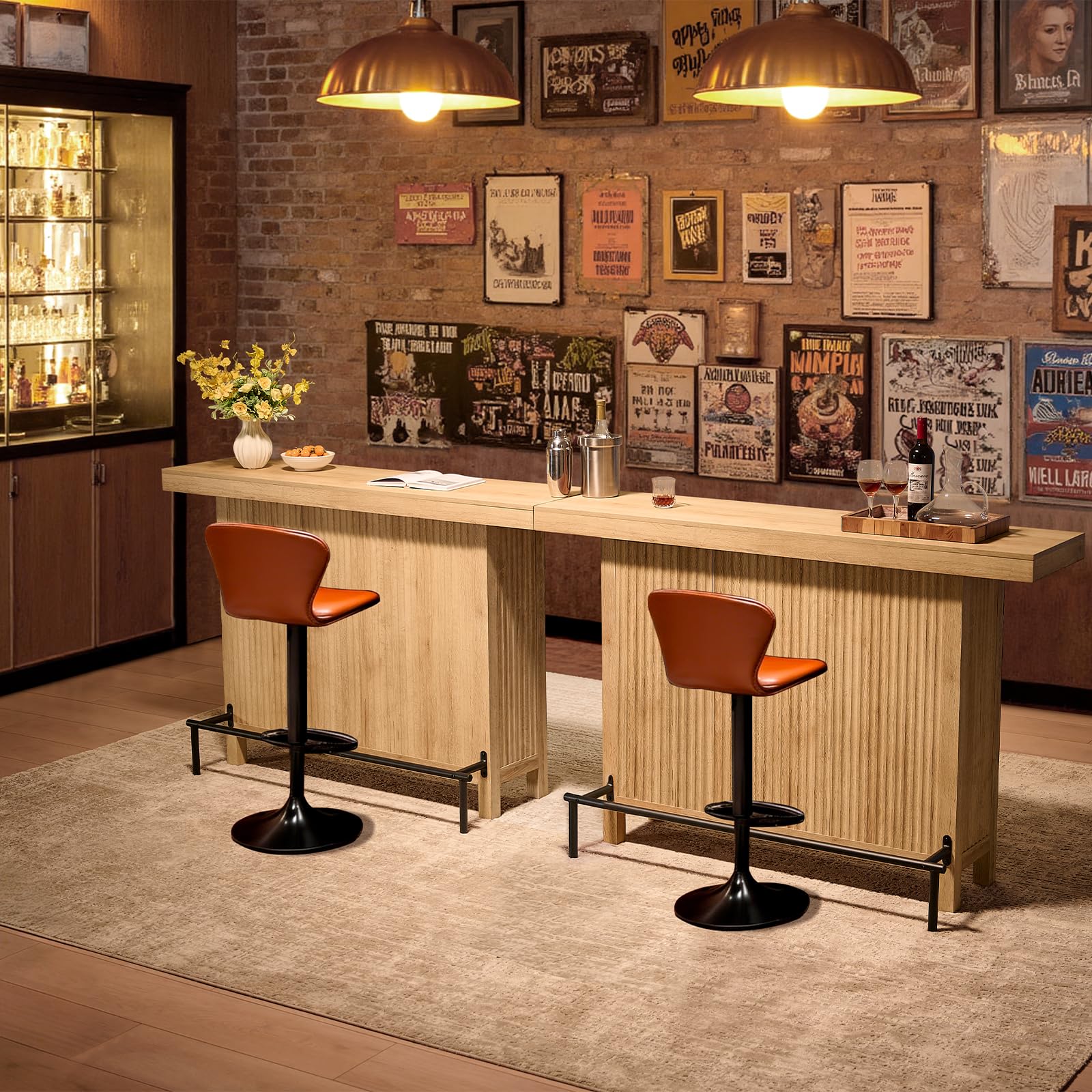 Okvnbjk 63-Inch 2-Tier Bar Table with Footrest, Coffee Bar Cabinet, Large Counter Height Pub Table Storage Shelf Home Bar Unit for Kitchen, Bistro, Dining Room, Living Room (Oak)