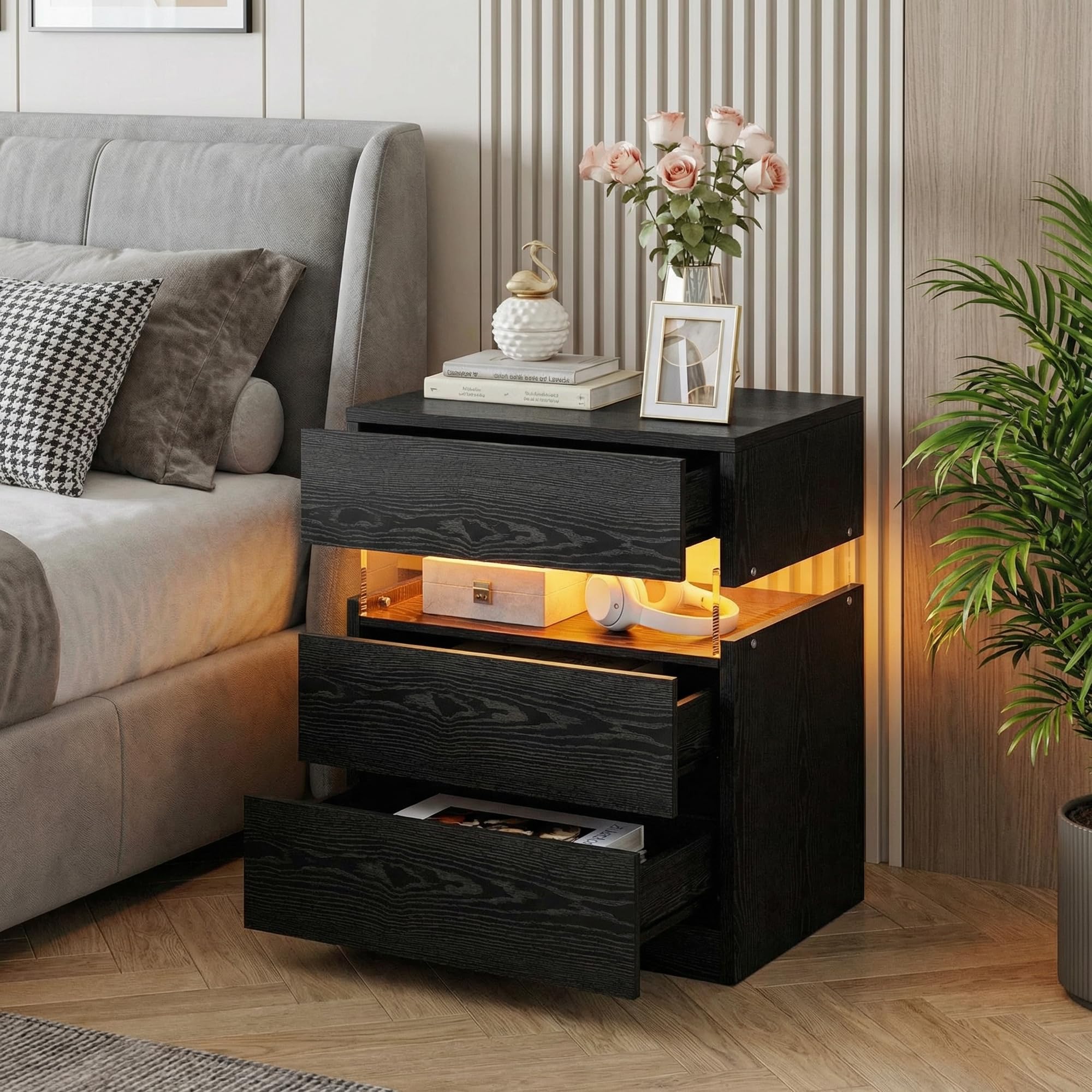 Nightstand with 3 Drawers & RGB LED Light
