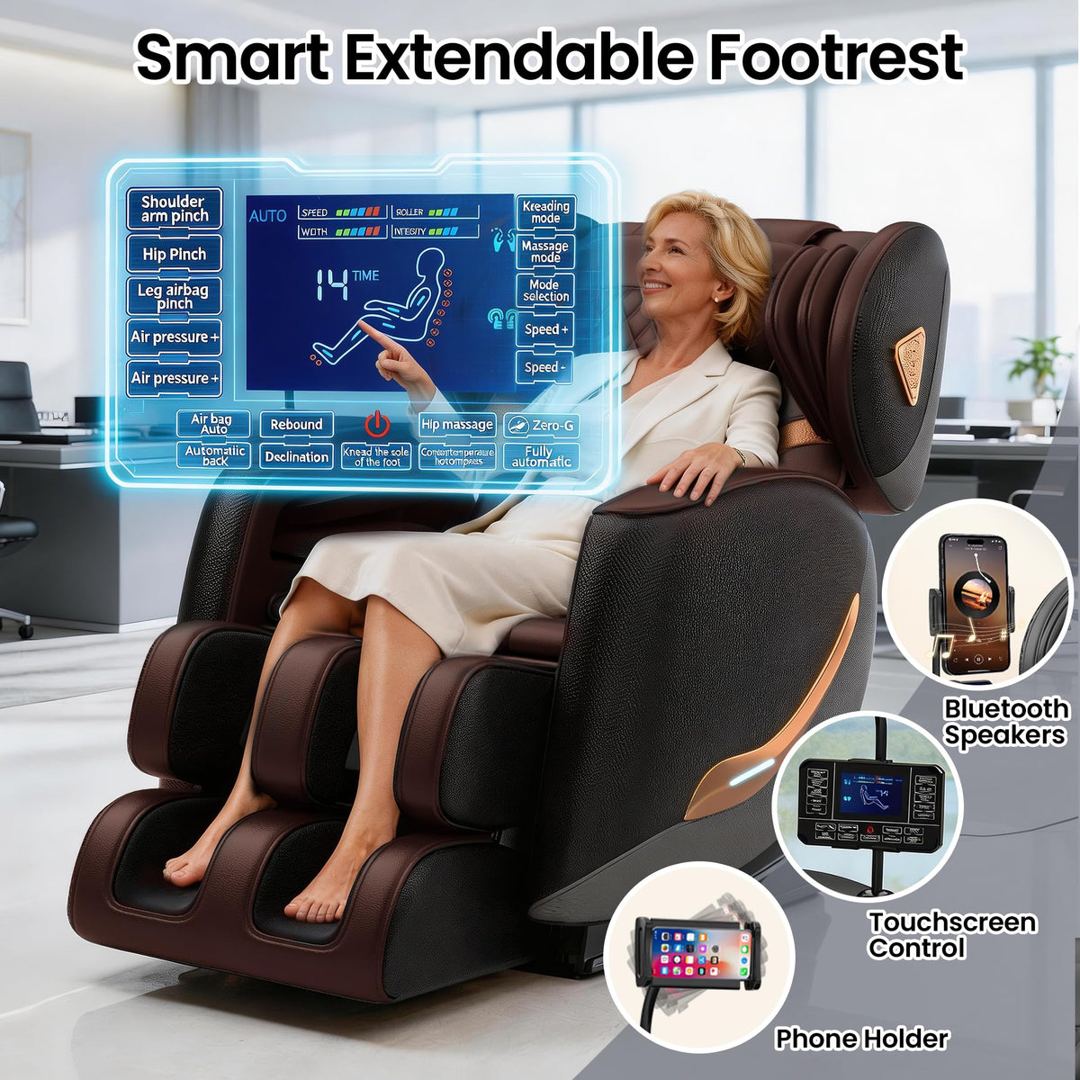 Massage Chair Full Body, Zero Gravity Recliner with 10 Nodes, 14 Airbags, Heat, Bluetooth, Touch Screen, Phone Holder, Ambient Light, Adjustable Footrest, Deep Tissue Massager for Home Office, Gifts
