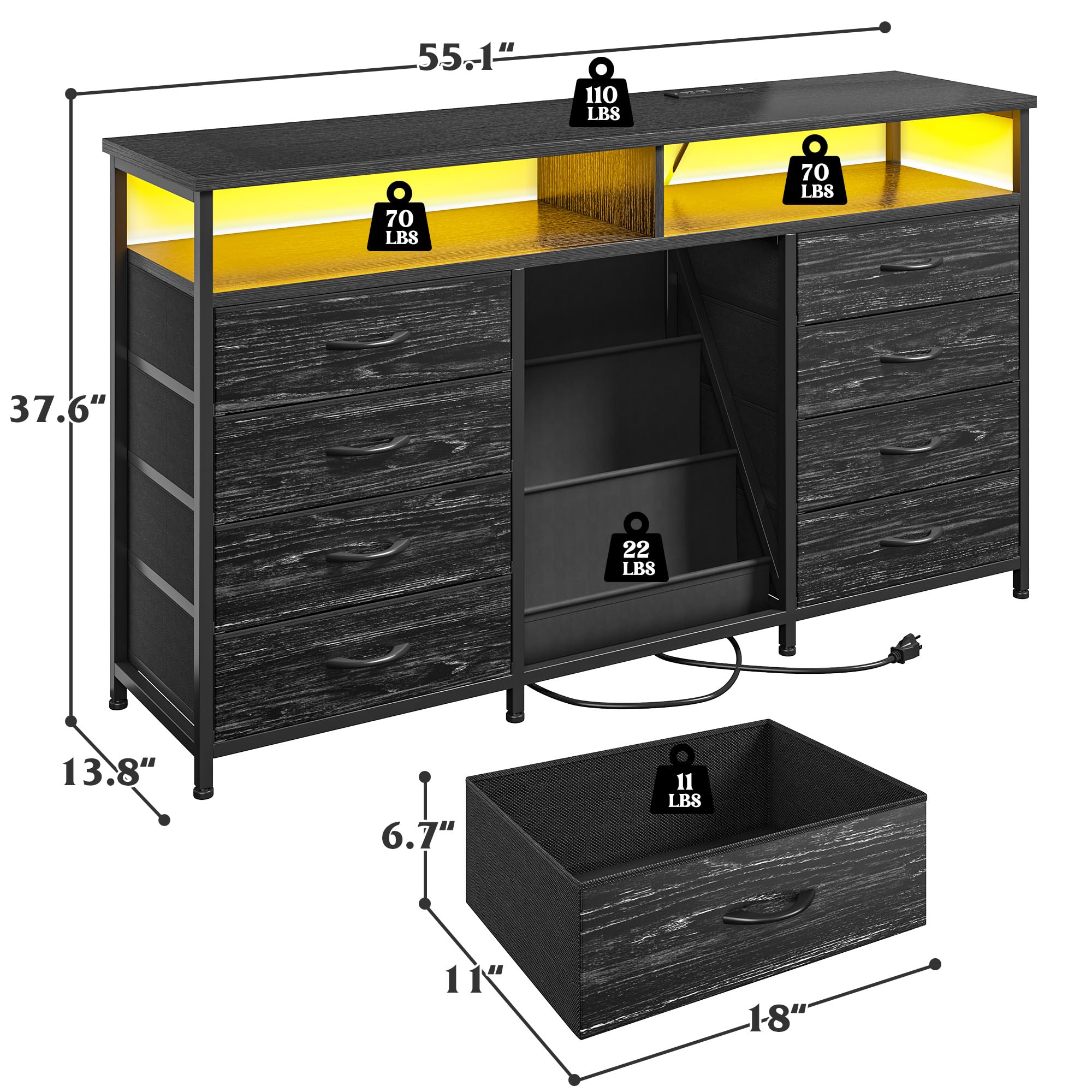 EnHomee 55 ” W Dresser for Bedroom with Bookrack & 8 Fabric Drawers, Dresser TV Stand with Power Outlet & LED Lights for 65 Inch TV, Chest of Drawers for Cabinet, Entryway, Charcoal Black