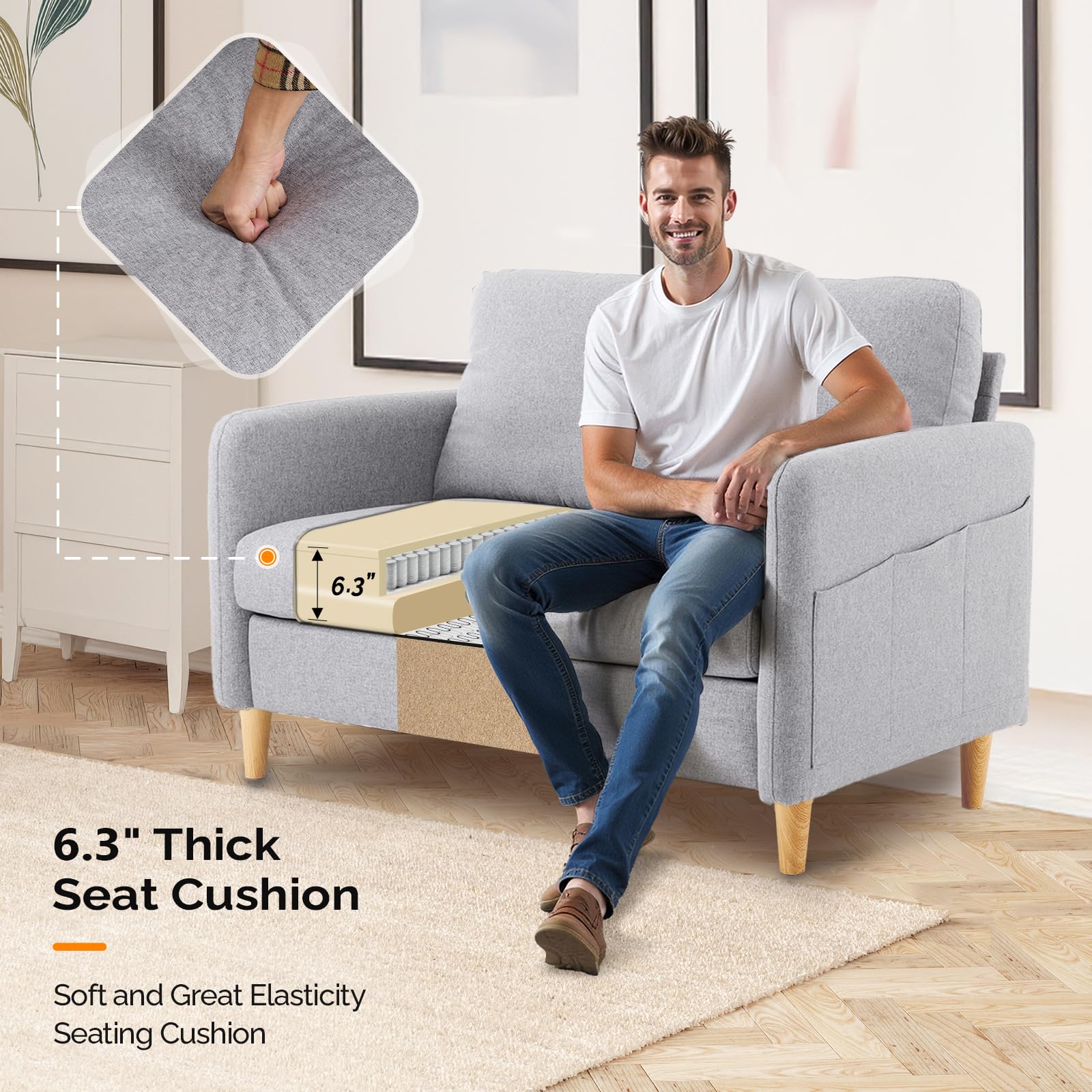 Linen Loveseat Sofa with Side Storage