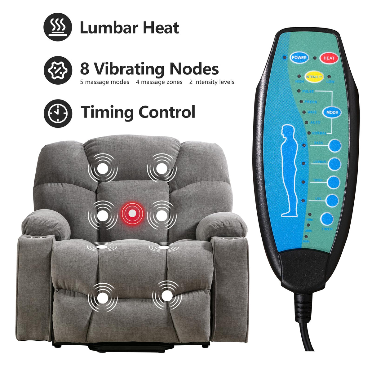 CANMOV Power Lift Recliner Chair for Elderly, Big and Tall Electric Recliner Chair with Massage and Heating, Dual Motor Heavy Duty Lift Recliner with USB Port, Cup Holders, Pockets, Grey