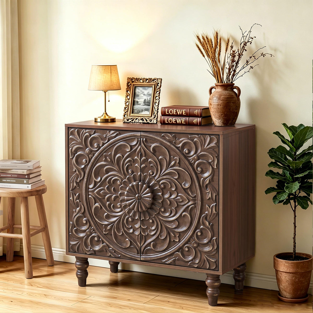 Carved Floral Accent Cabinet