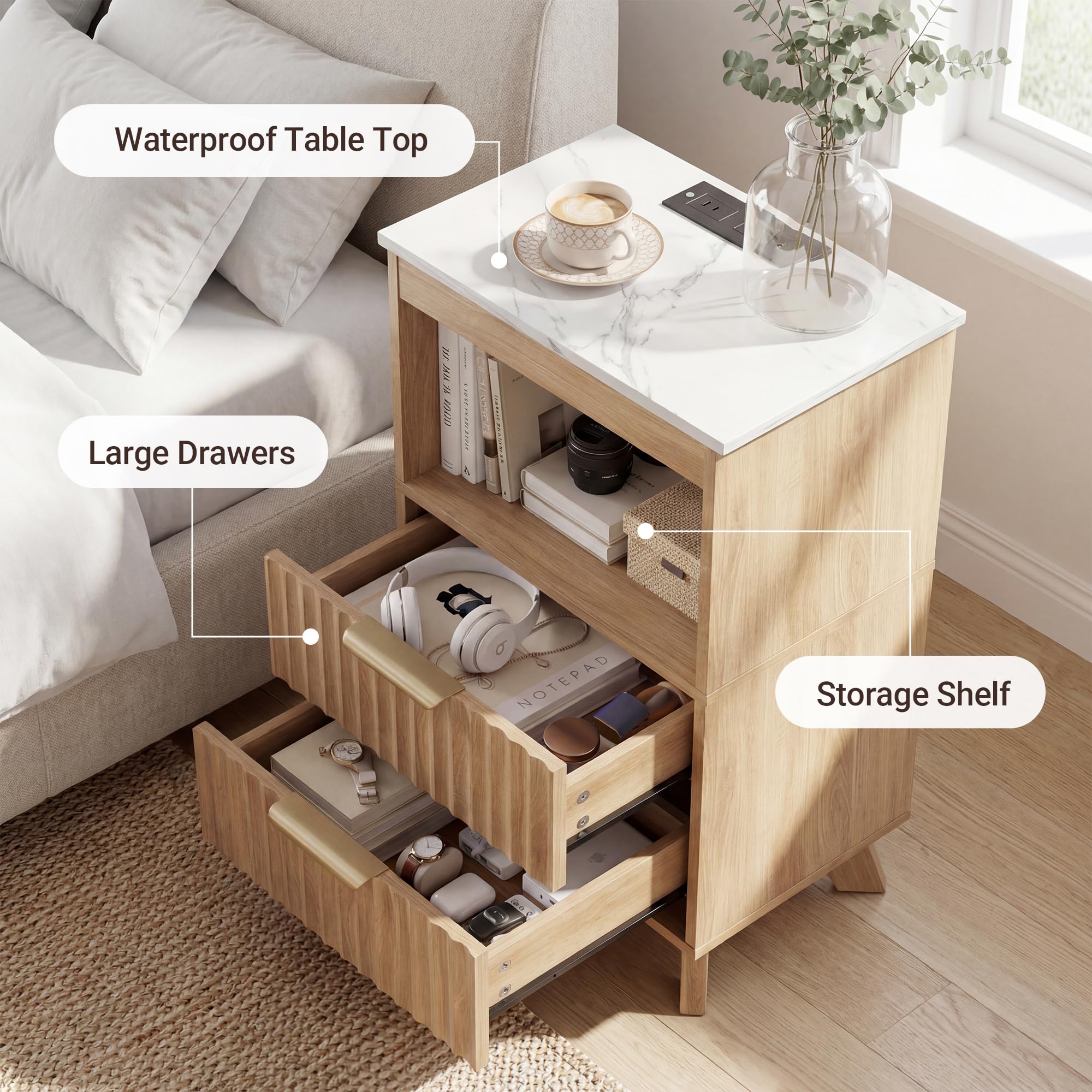 Fluted Nightstand Set of 2 with Charging Station & Storage