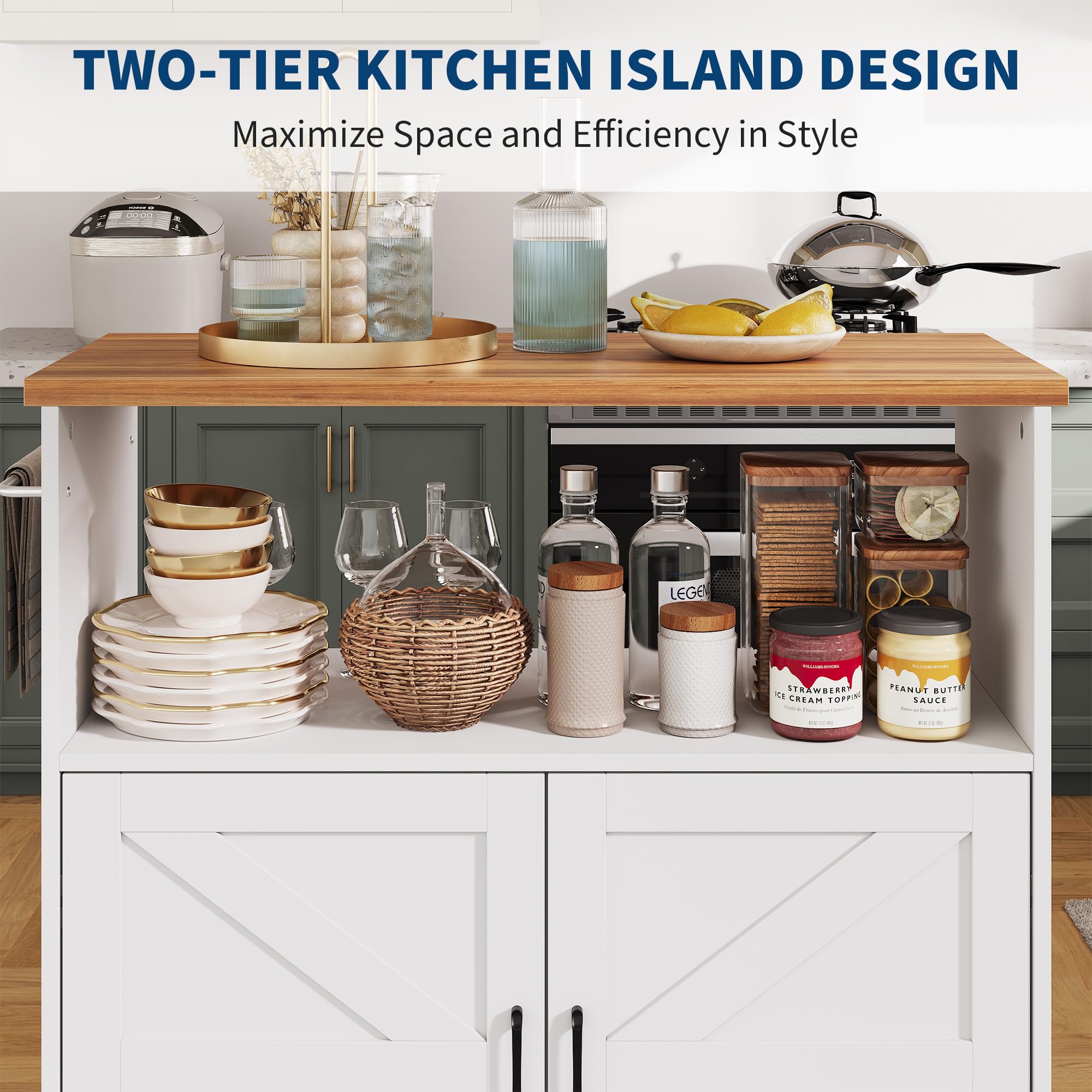 IDEALHOUSE Rolling Kitchen Island with Storage Cabinet, 40.4'' Width Kitchen Cart, Portable Mobile Kitchen Island with Towel Rack, Wood Top and Lockable Wheels for Kitchen, Dining Room