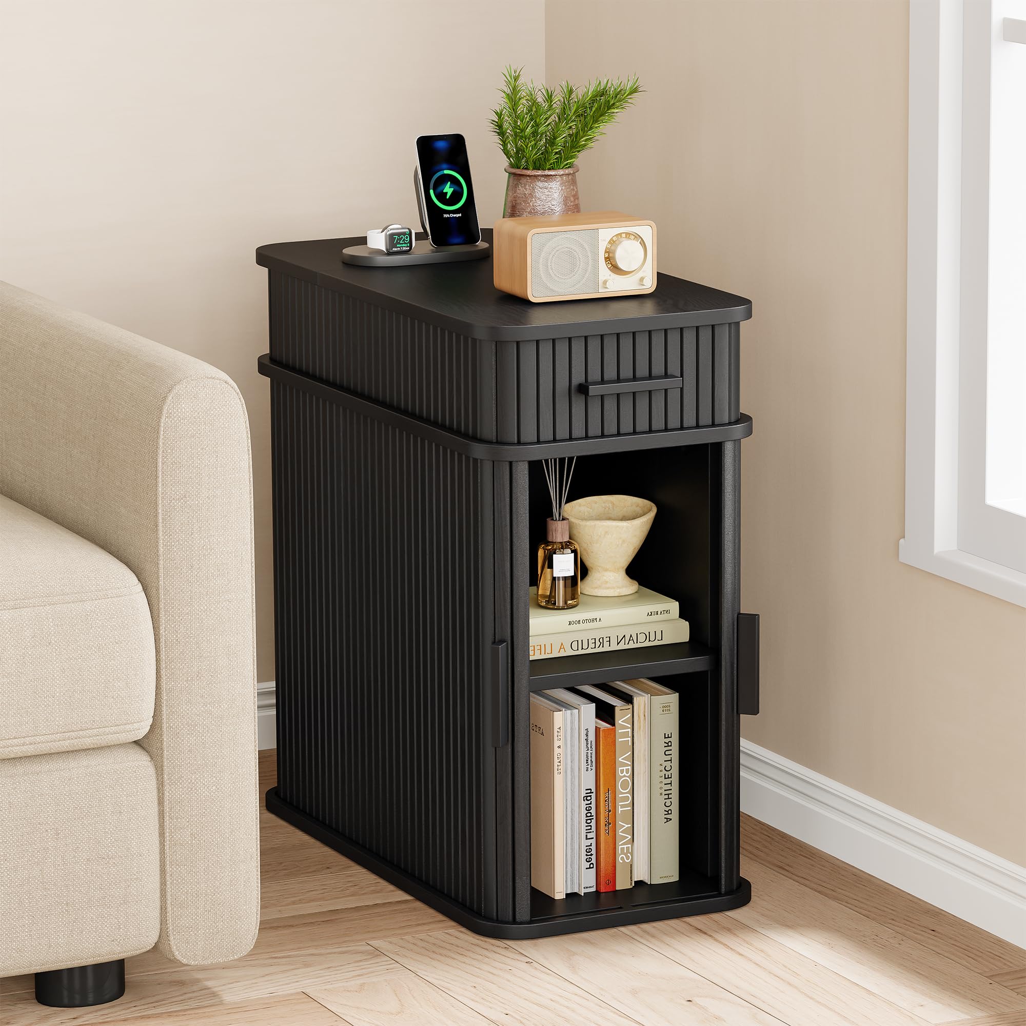 Fluted End Table with Charging Station & Storage