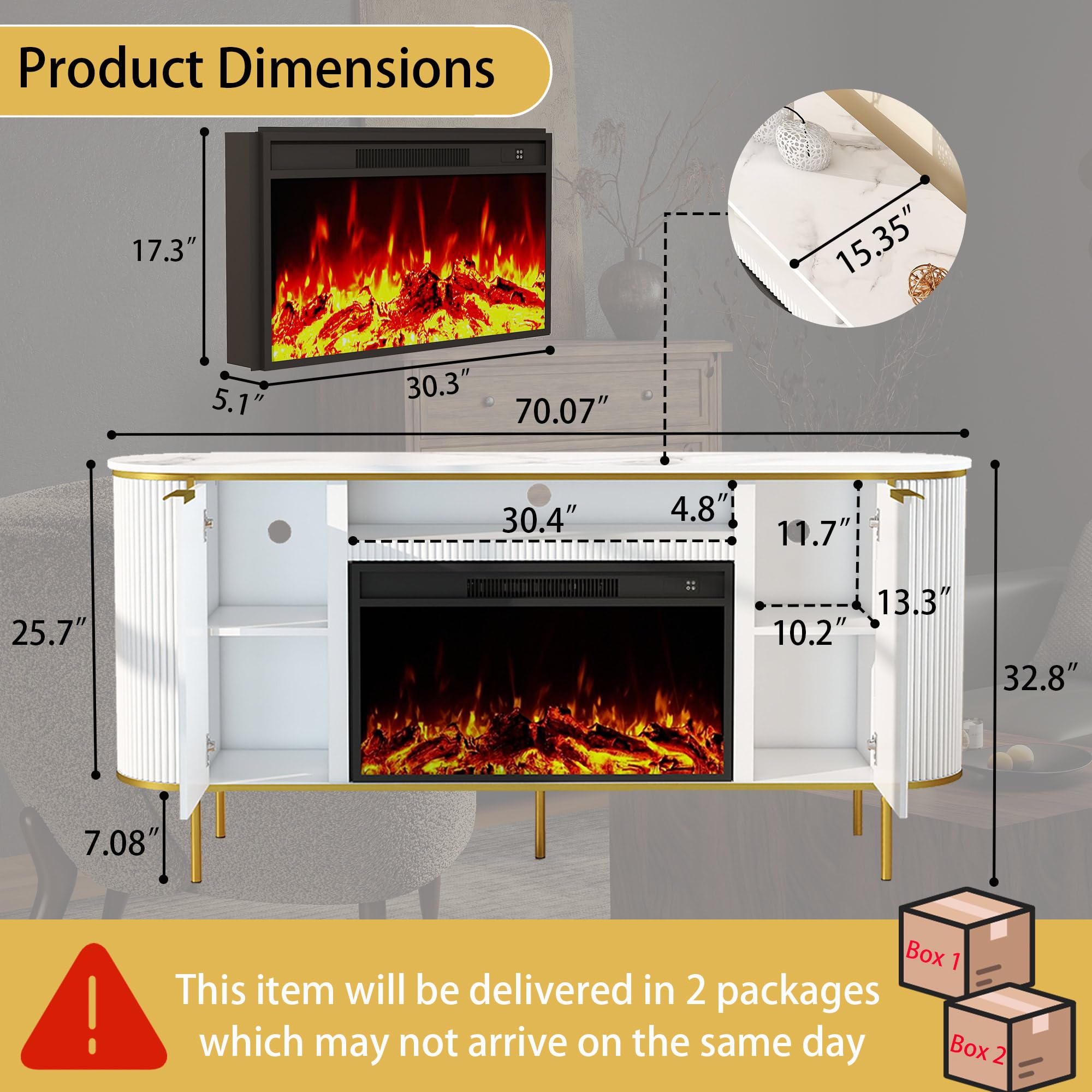 LABROSKIA Fluted Fireplace TV Stand: 70" White Electric Fireplace TV Stand Up to 80 inchs, Luxury Media Console with 30" Electric Fire Place, Modern TVs Consoles for Living Room, Faux Marble Top