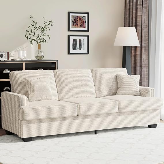 86" Corduroy 3-Seater Sofa with Throw Pillows