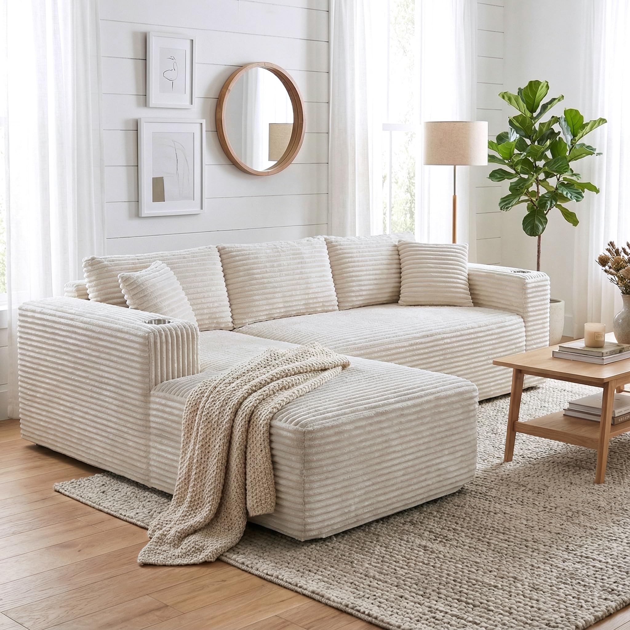 Modular L-Shaped Sectional Sofa with Chaise & Cup Holders