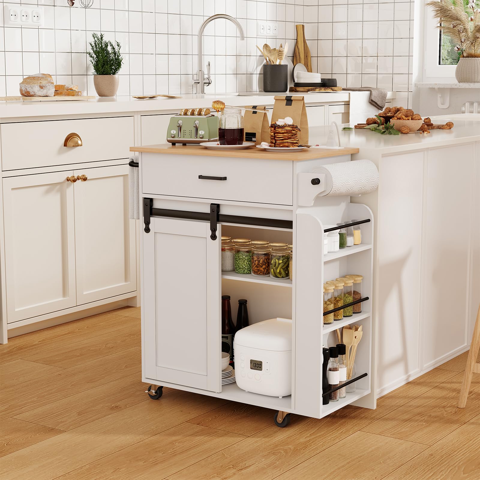 YATINEY Kitchen Island with Storage, Mobile Kitchen Cart with Charging Station, Kitchen Island on Wheels, Rolling Island Table with Sliding Cabinet Door, White and Natural ZD01UWN