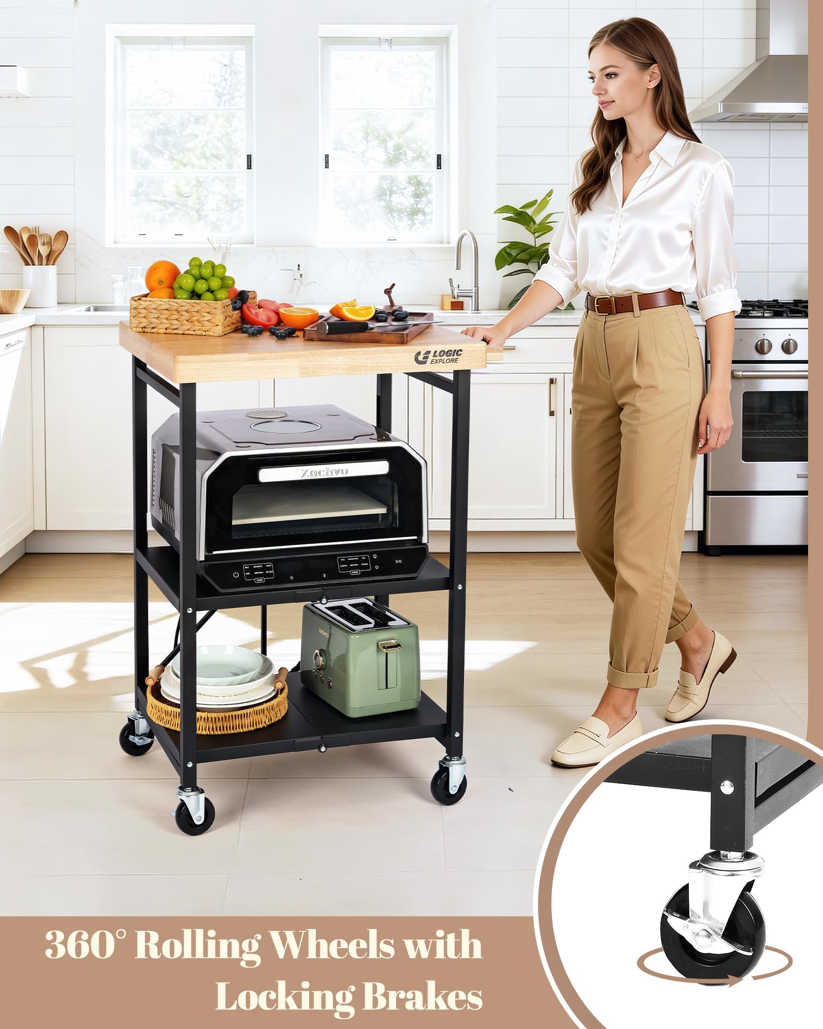 Logicexplore Foldable Kitchen Storage Cart with Solid Oak Top, Heavy-Duty Metal Frame, 3-Tier Rolling Utility Rack, Kitchen Island on Lockable Wheels for Microwave, Toaster Oven & Food Prep