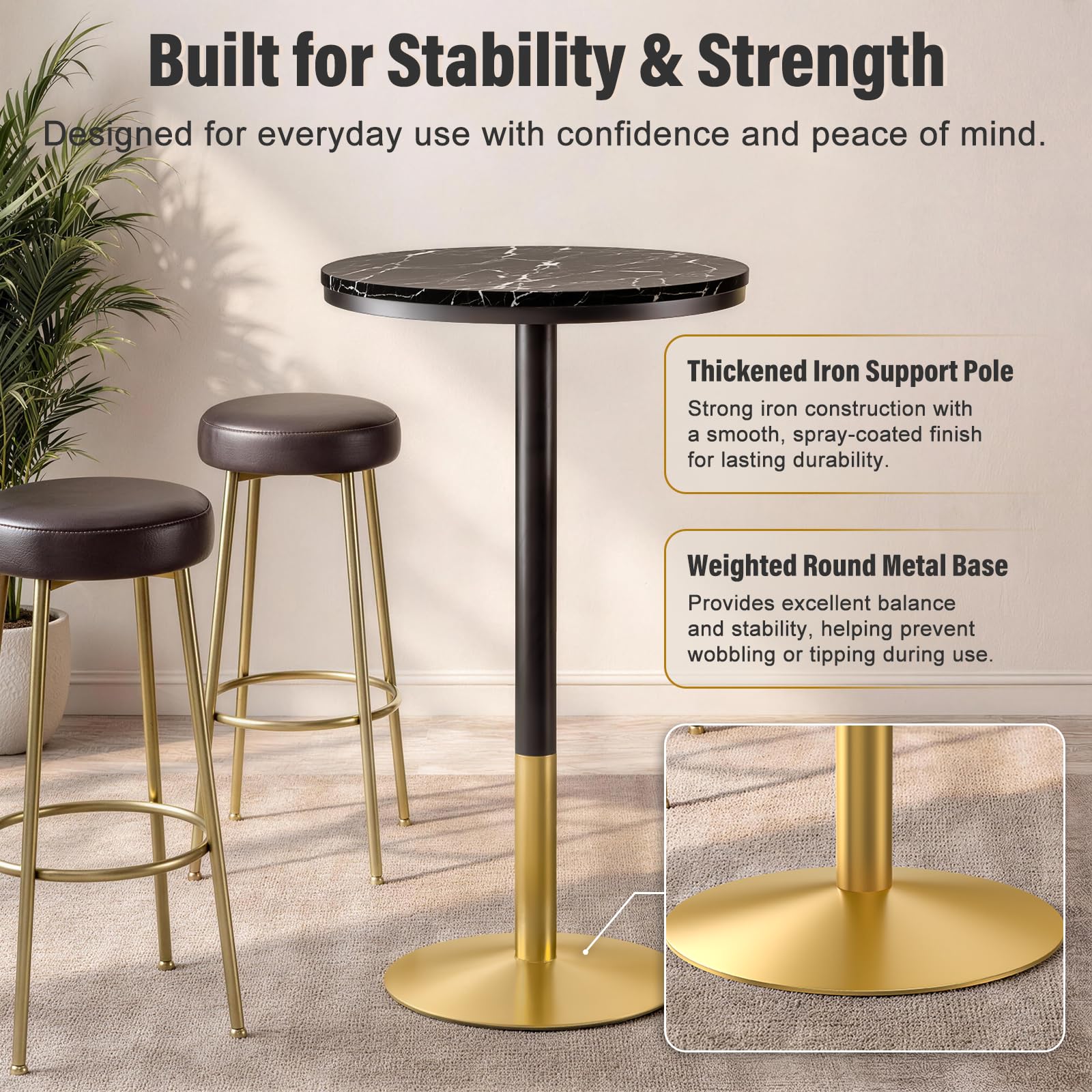 Modern Round Marble Bar Table, 22" Black Marble Top Pub Table with Gold Metal Base, Tall Bistro Table for Home Bar, Kitchen, Dining, Small Spaces, 41'' Bar Height