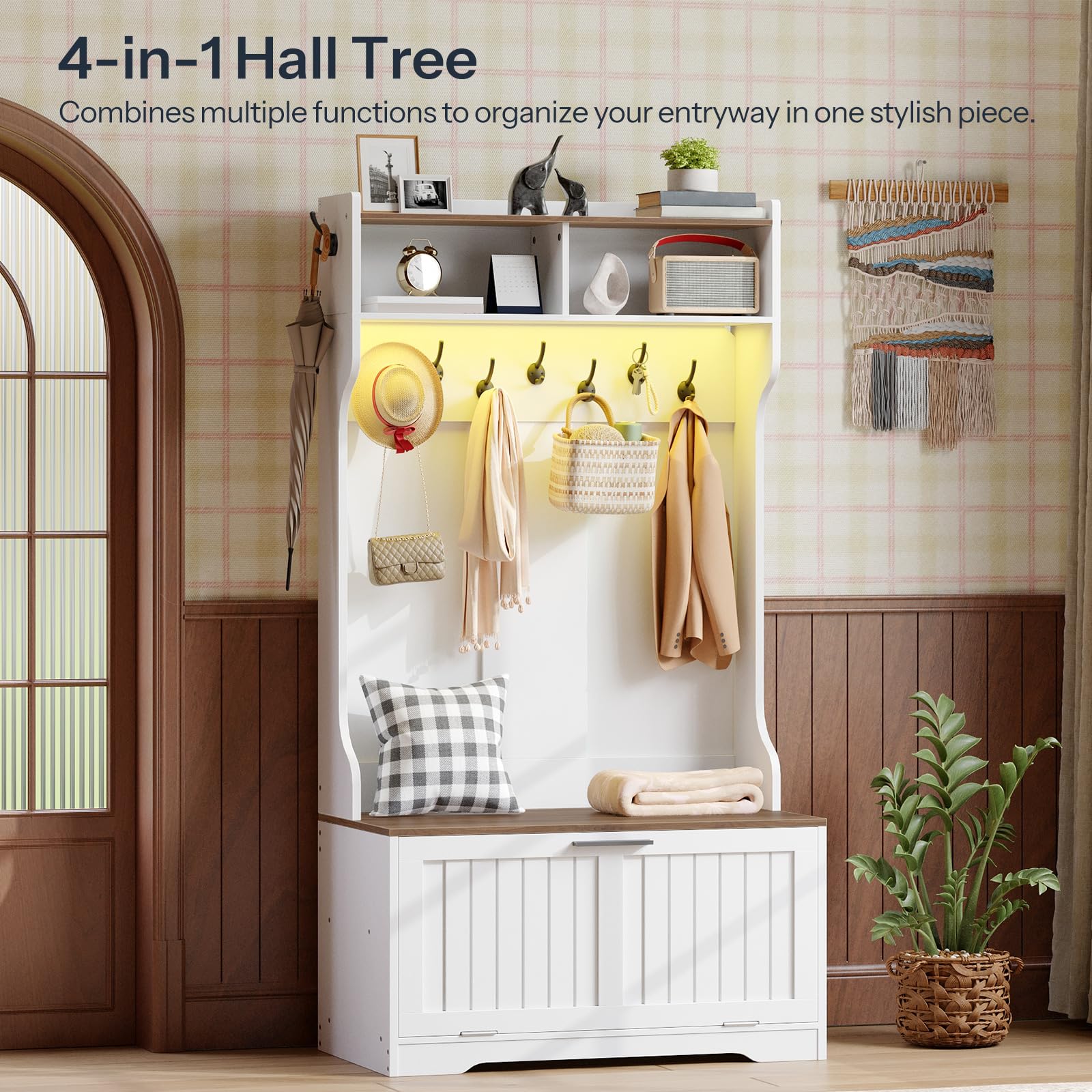 4-in-1 Hall Tree with Bench, Shoe Cabinet, 9 Hooks & LED Light Strip