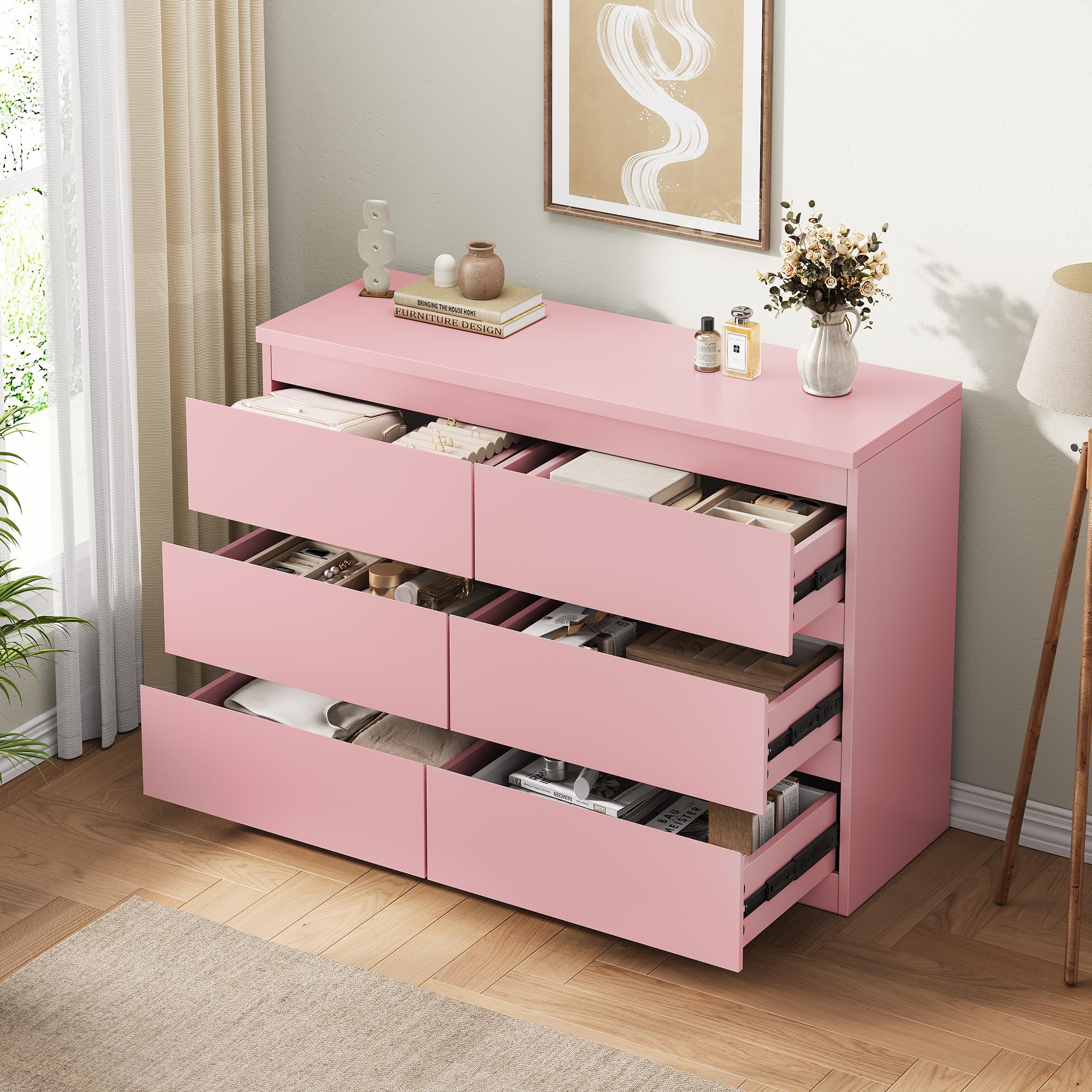 6-Drawer Pink Dresser with Metal Rails