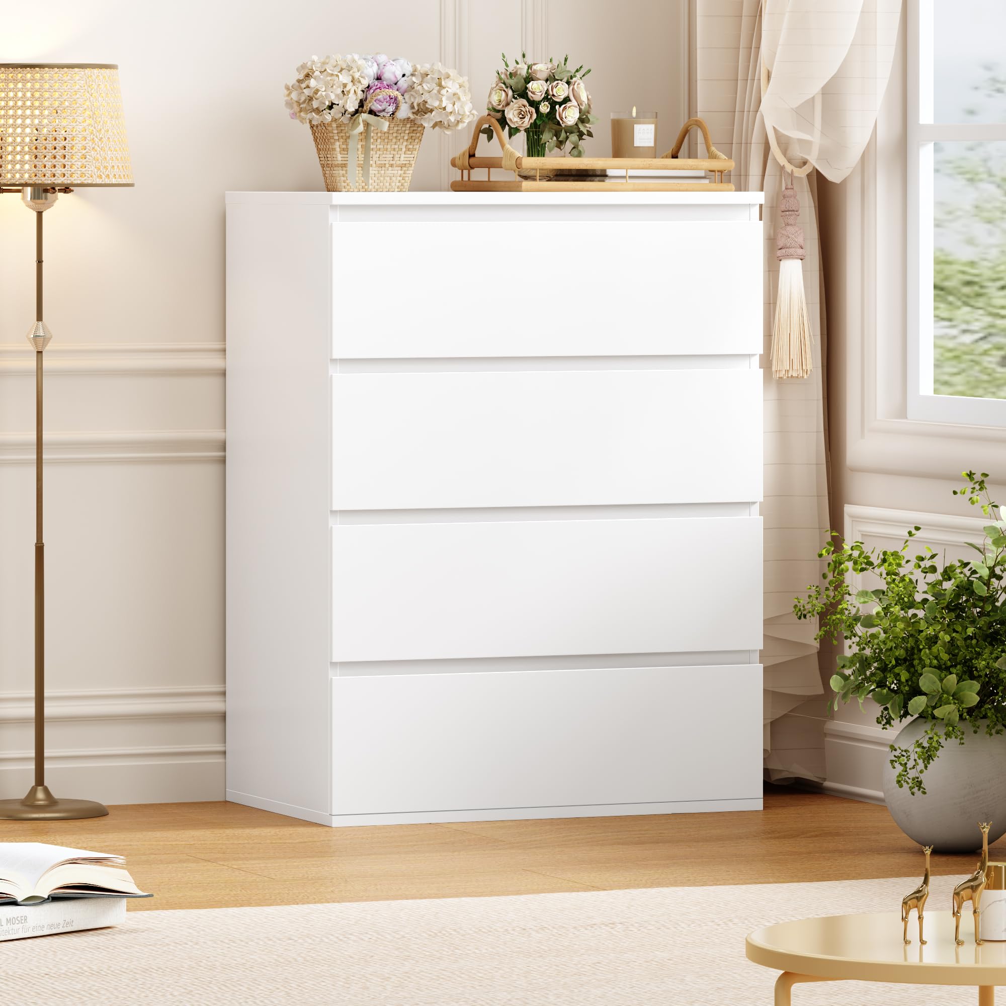 FOTOSOK White Dresser, 4 Drawer Dresser Small Chest of Drawers 23.6L x 15.7W x 31.5H in, Modern White Storage Cabinet with 4 Drawers for Home Office