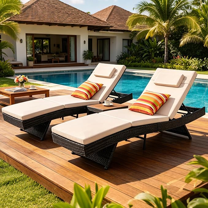 Wicker Patio Chaise Lounge Set with Cushions & Pillows