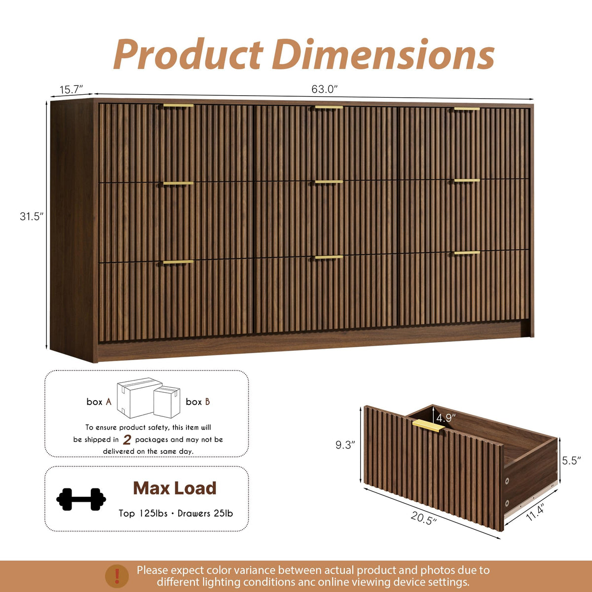 Walnut 3-Piece Bedroom Set, 9-Drawer Dresser & 2-Drawer Nightstands