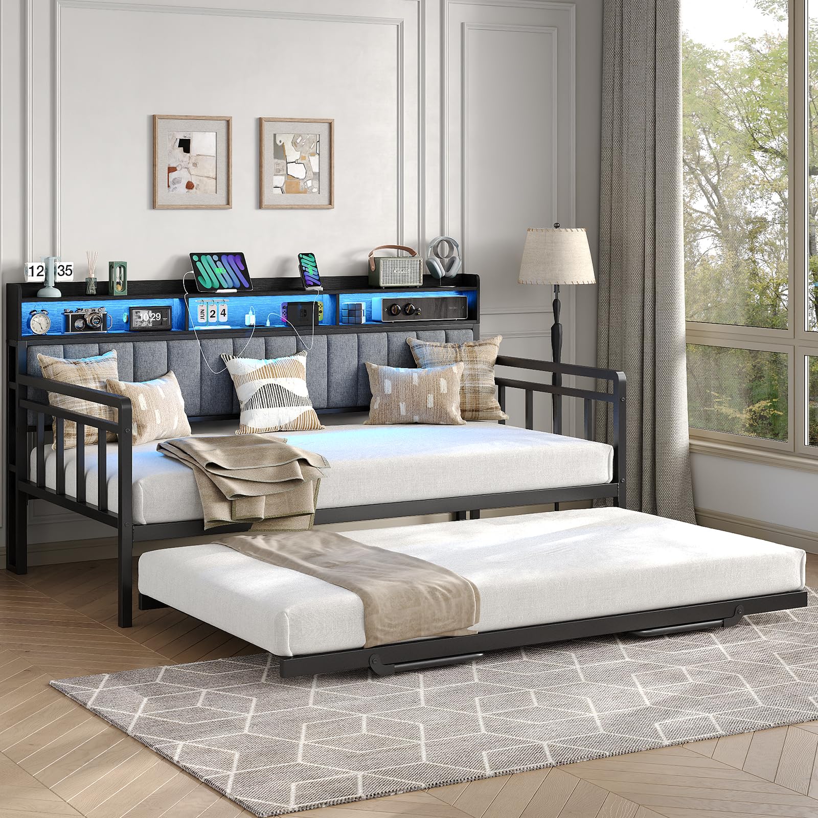 Daybed with Trundle & RGB Lights, Twin Sofa Bed Frame with Charging Station, Pull Point Day Bed with Storage Headboard, Heavy Duty Metal Trundle Bed Twin for Living Room, Bedroom, Guest Room