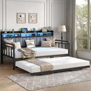 Daybed with Trundle & RGB Lights, Twin Sofa Bed Frame with Charging Station, Pull Point Day Bed with Storage Headboard, Heavy Duty Metal Trundle Bed Twin for Living Room, Bedroom, Guest Room